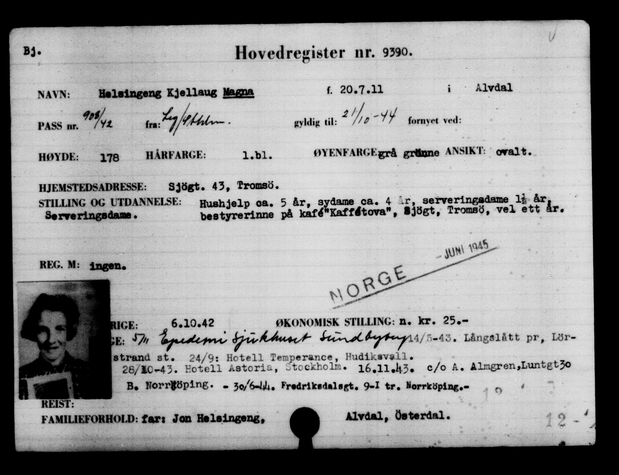Utenriksstasjonene, Legasjonen i Stockholm, Flyktningkontoret, AV/RA-S-6753/V/Va/L0005: Kjesäterkartoteket, flyktninger med registreringsnr. 6600-9417, 1940-1945, s. 3286