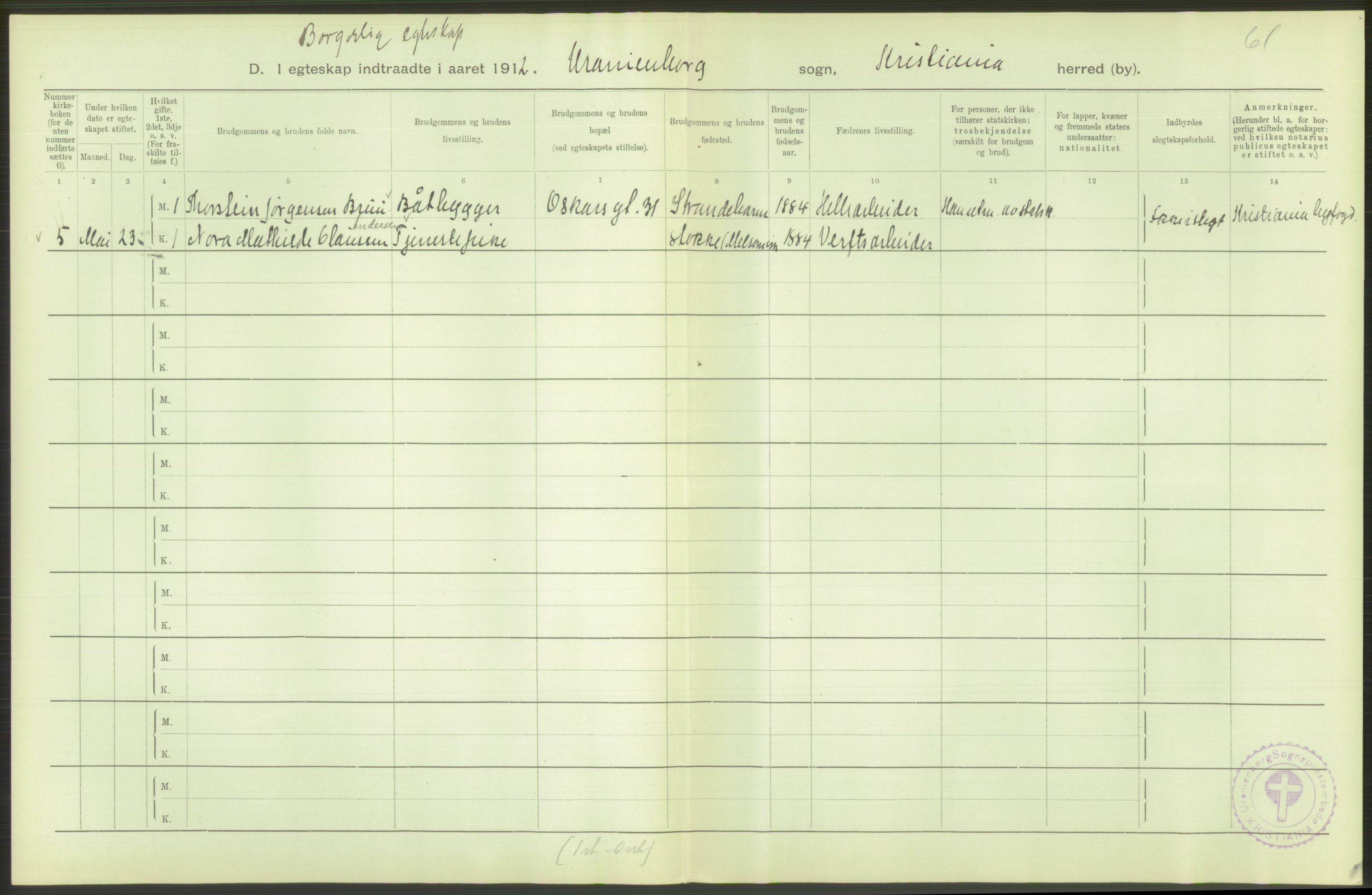 Statistisk sentralbyrå, Sosiodemografiske emner, Befolkning, RA/S-2228/D/Df/Dfb/Dfbb/L0008: Kristiania: Gifte, 1912, s. 546