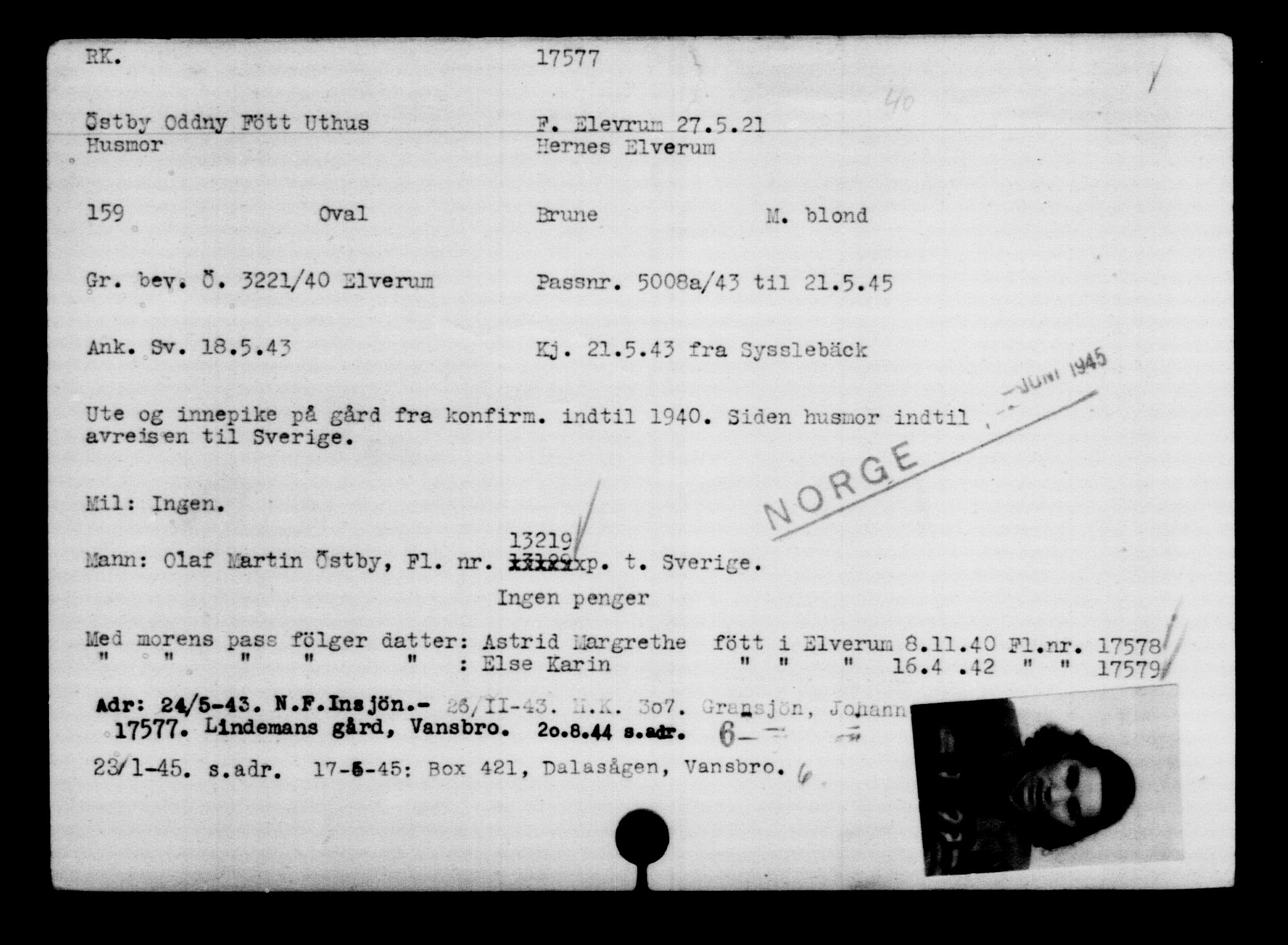 Utenriksstasjonene, Legasjonen i Stockholm, Flyktningkontoret, AV/RA-S-6753/V/Va/L0008: Kjesäterkartoteket, flyktninger med registreringsnr. 15700-18547, 1940-1945, s. 2075