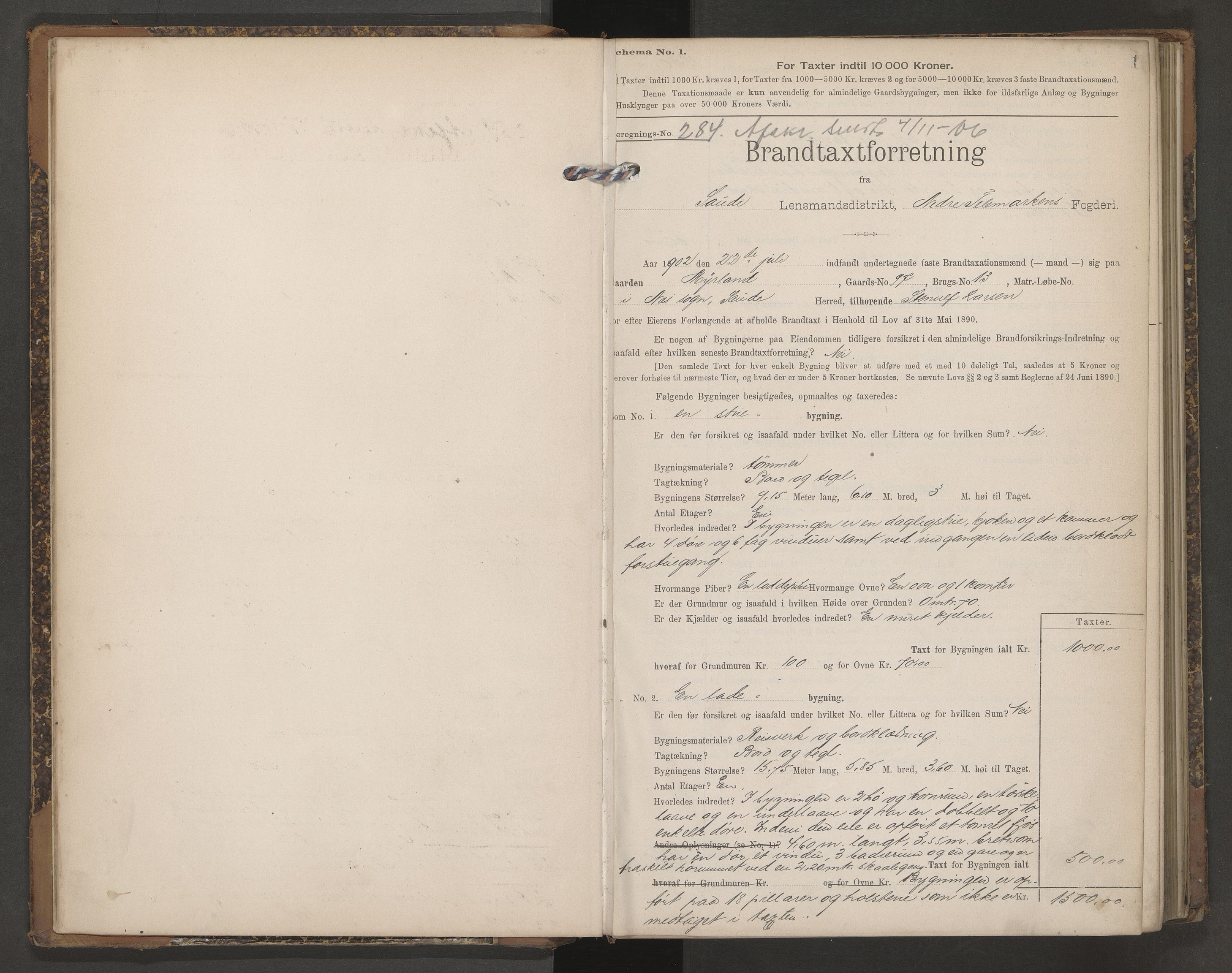 Sauherad lensmannskontor, AV/SAKO-A-571/Y/Yb/Ybb/L0002: Skjematakstprotokoll, 1902-1912