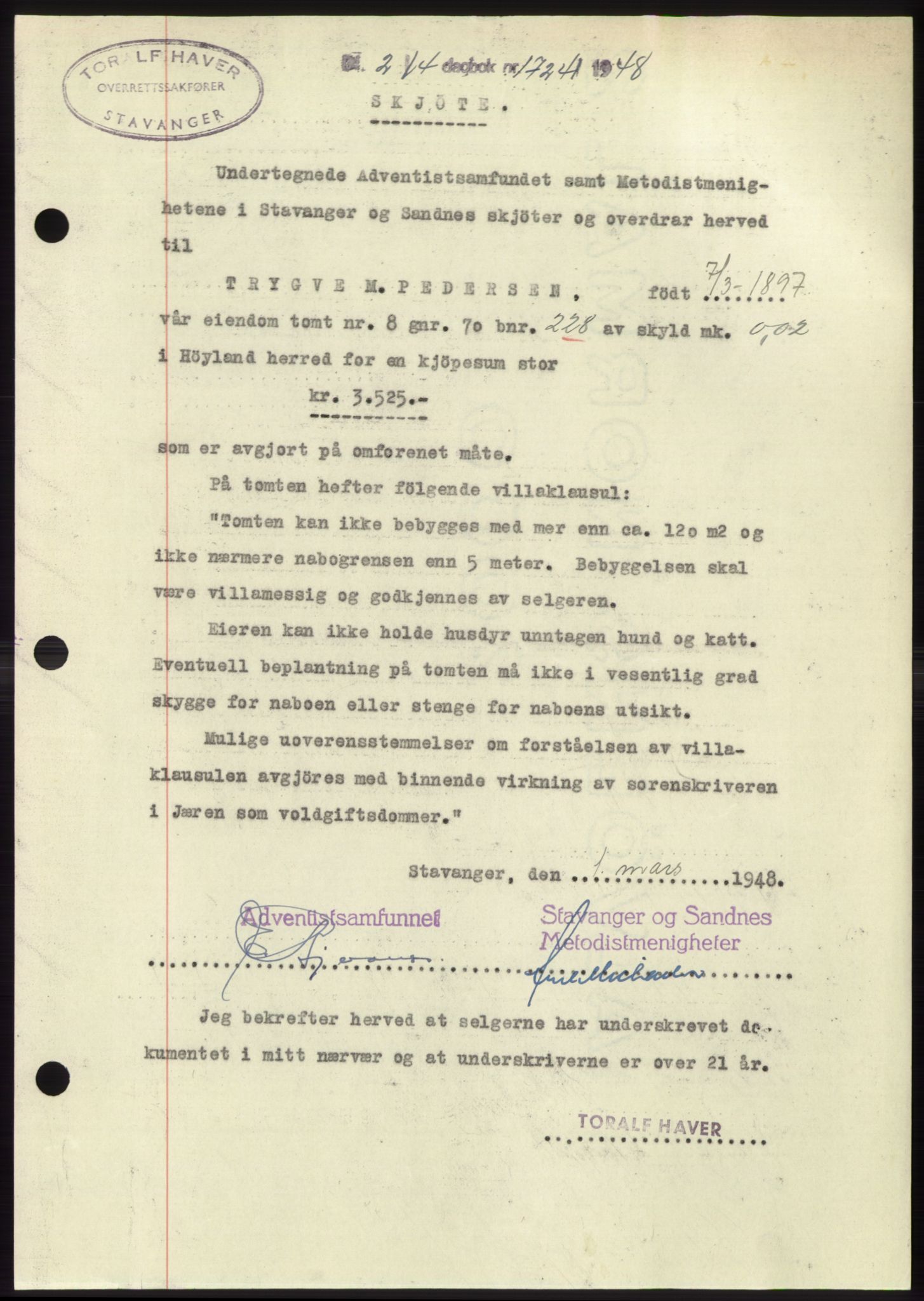 Jæren sorenskriveri, SAST/A-100310/03/G/Gba/L0098: Pantebok, 1948-1948, Dagboknr: 1724/1948