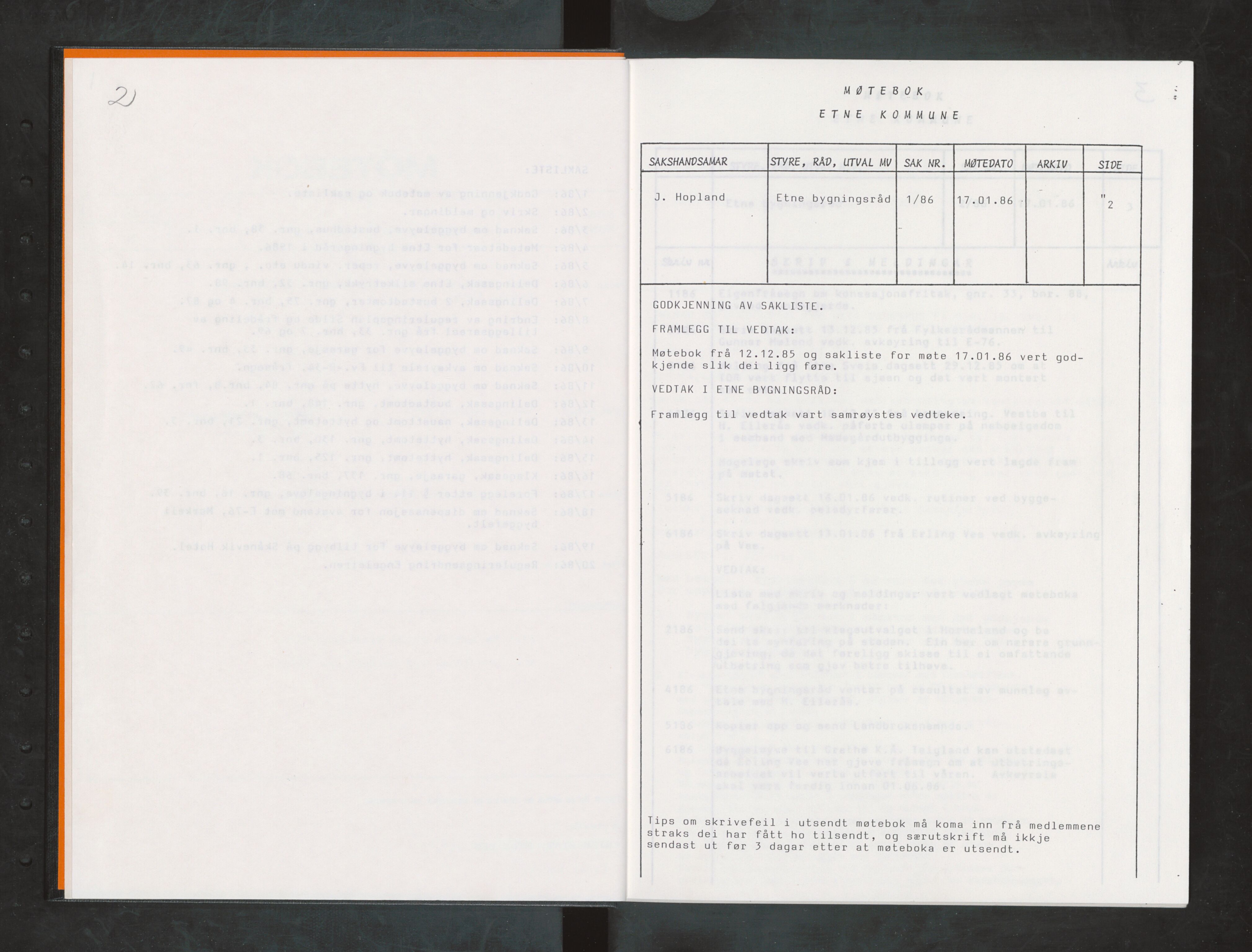 Etne kommune. Bygningsrådet, IKAH/1211-511/A/Aa/L0035: Møtebok Etne bygningsråd I, 1986