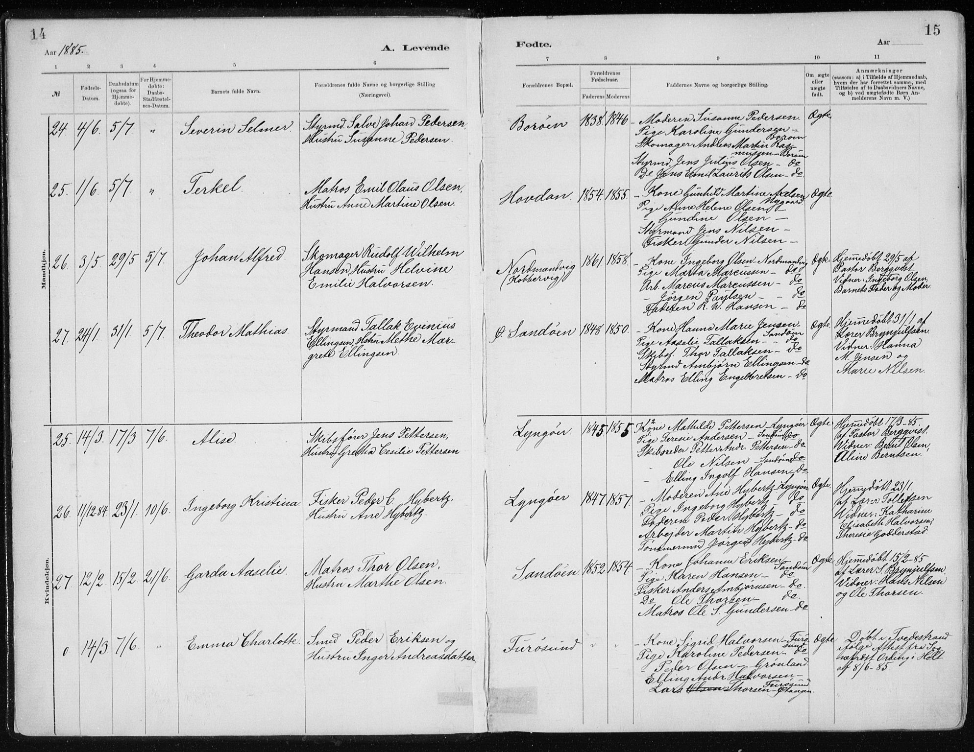 Dypvåg sokneprestkontor, AV/SAK-1111-0007/F/Fa/Faa/L0008: Ministerialbok nr. A 8, 1885-1906, s. 14-15