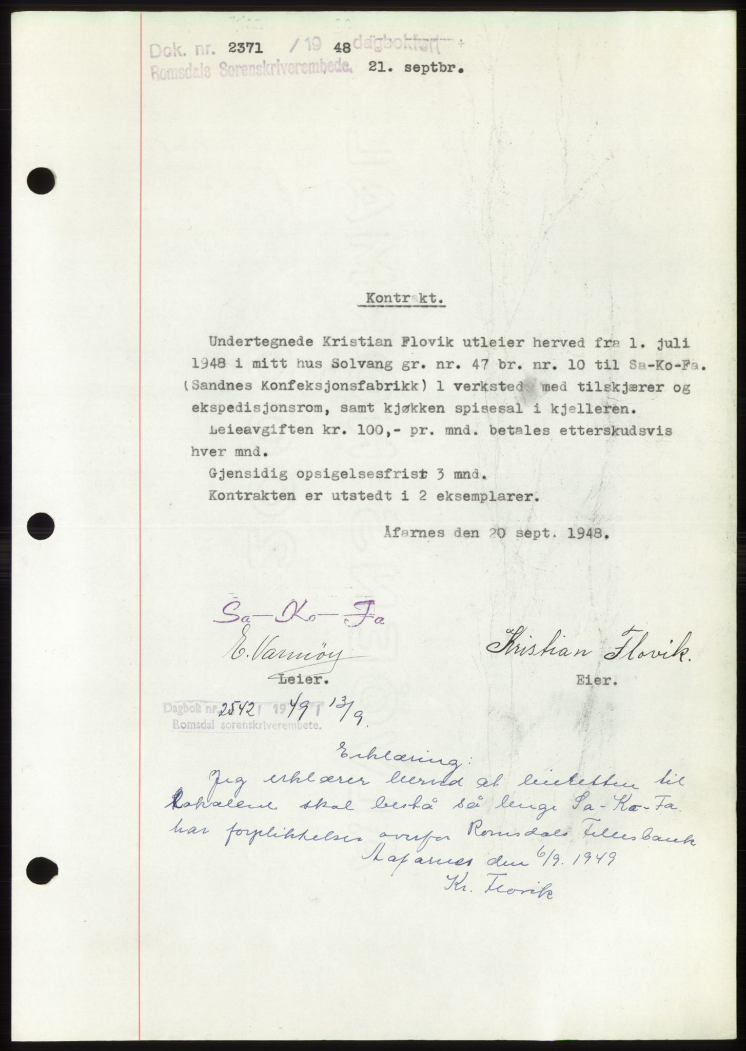Romsdal sorenskriveri, SAT/A-4149/1/2/2C: Pantebok nr. B4, 1948-1949, Dagboknr: 2371/1948