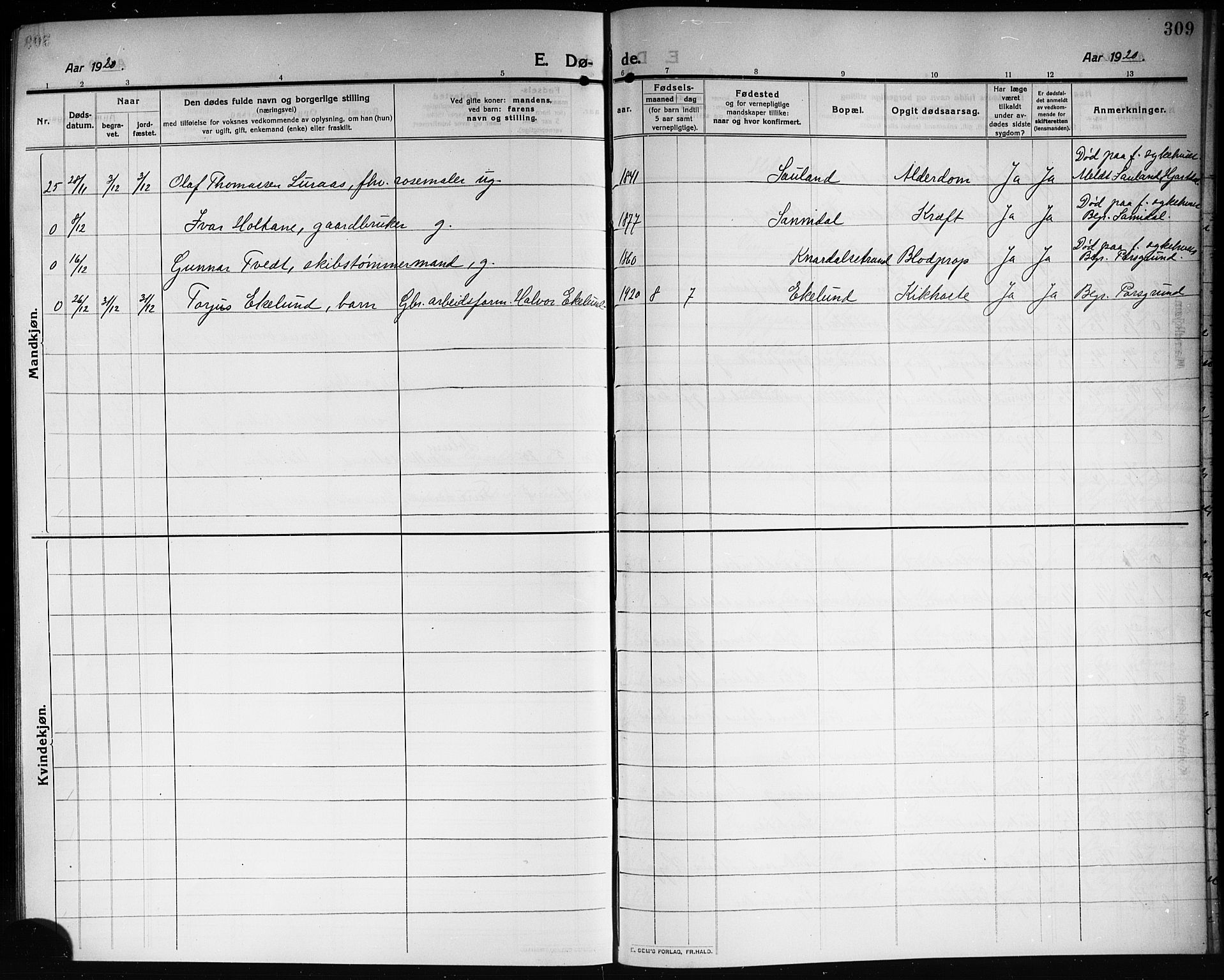 Solum kirkebøker, AV/SAKO-A-306/G/Ga/L0009: Klokkerbok nr. I 9, 1909-1922, s. 309