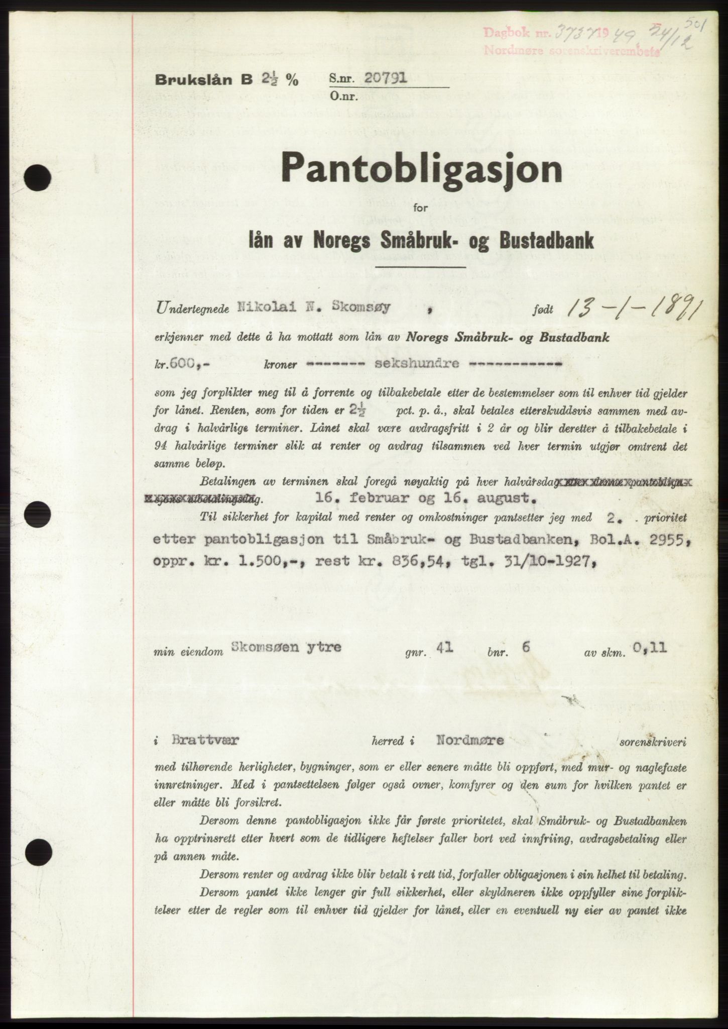 Nordmøre sorenskriveri, SAT/A-4132/1/2/2Ca: Pantebok nr. B103, 1949-1950, Dagboknr: 3737/1949
