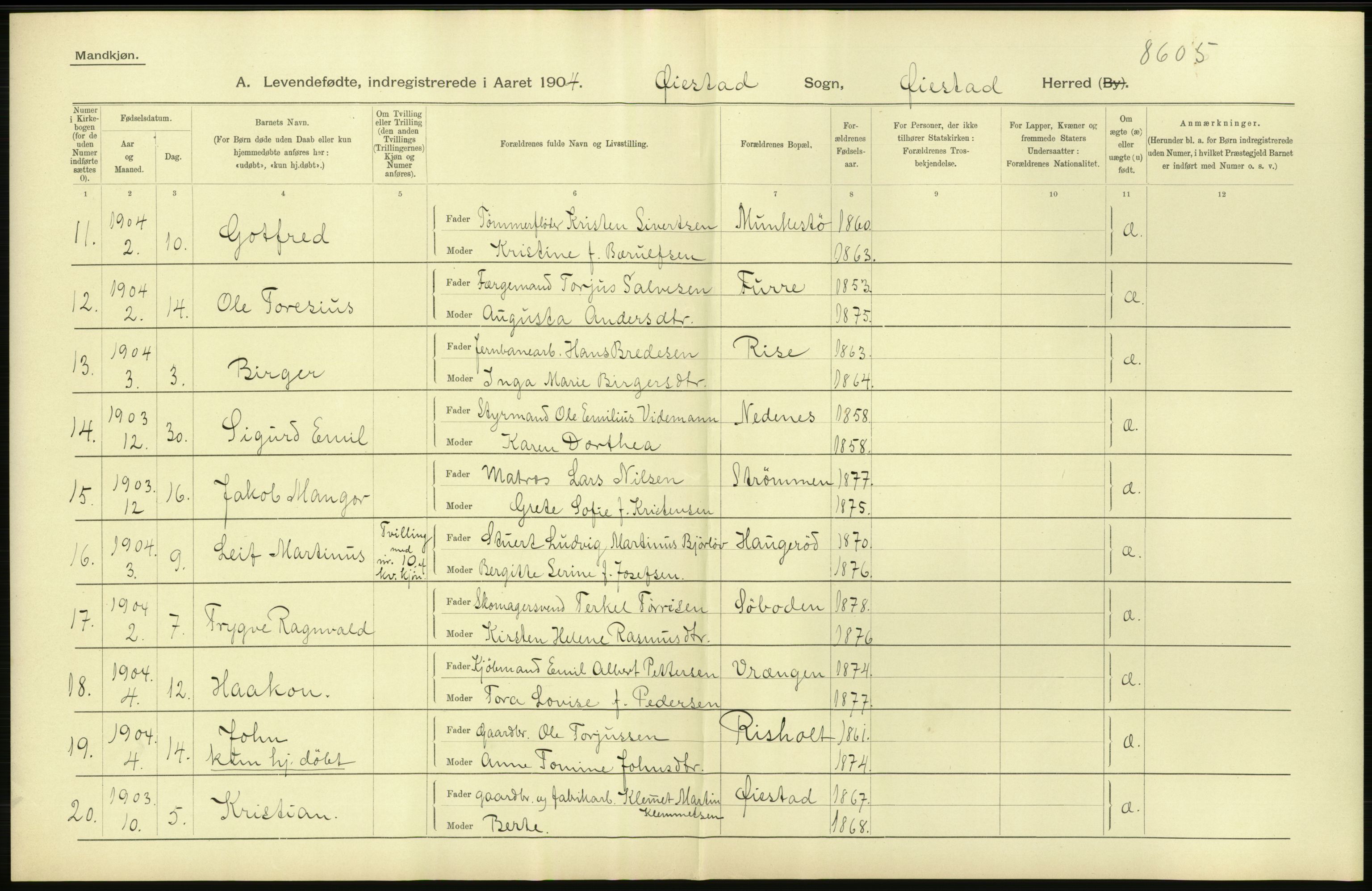 Statistisk sentralbyrå, Sosiodemografiske emner, Befolkning, AV/RA-S-2228/D/Df/Dfa/Dfab/L0010: Nedenes amt: Fødte, gifte, døde, 1904, s. 6