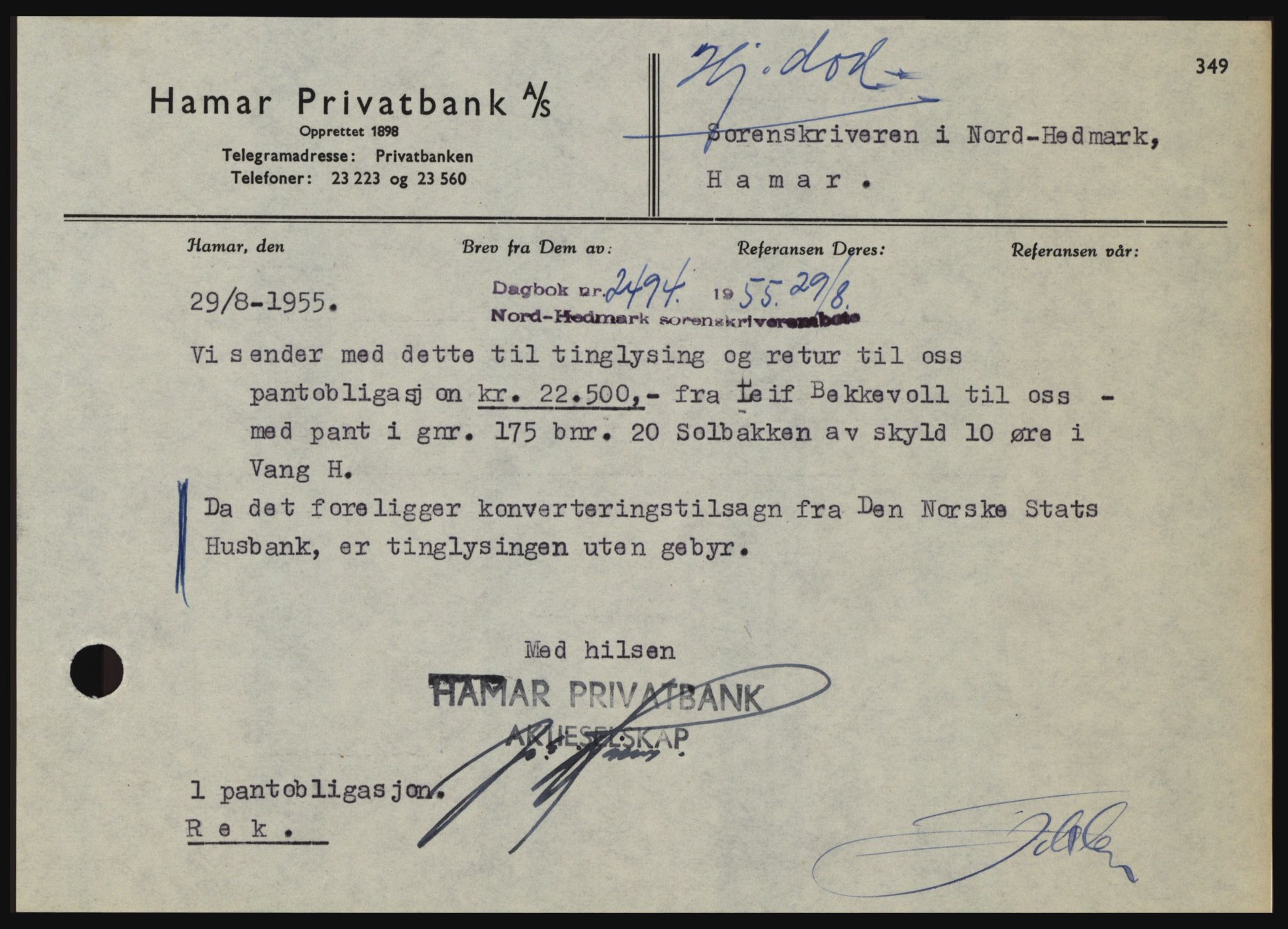 Nord-Hedmark sorenskriveri, SAH/TING-012/H/Hc/L0010: Pantebok nr. 10, 1955-1956, Dagboknr: 2494/1955