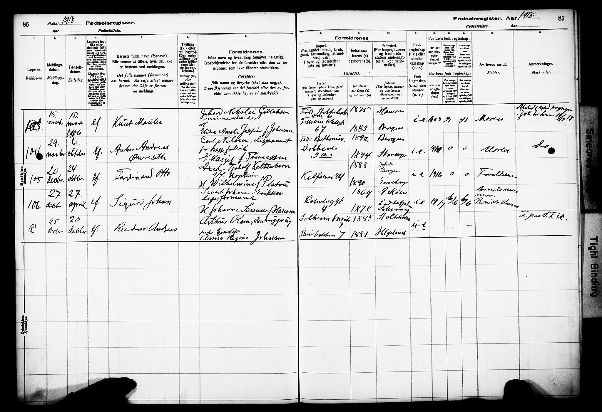 Domkirken sokneprestembete, AV/SAB-A-74801/I/Id/L00A1: Fødselsregister nr. A 1, 1916-1923, s. 85