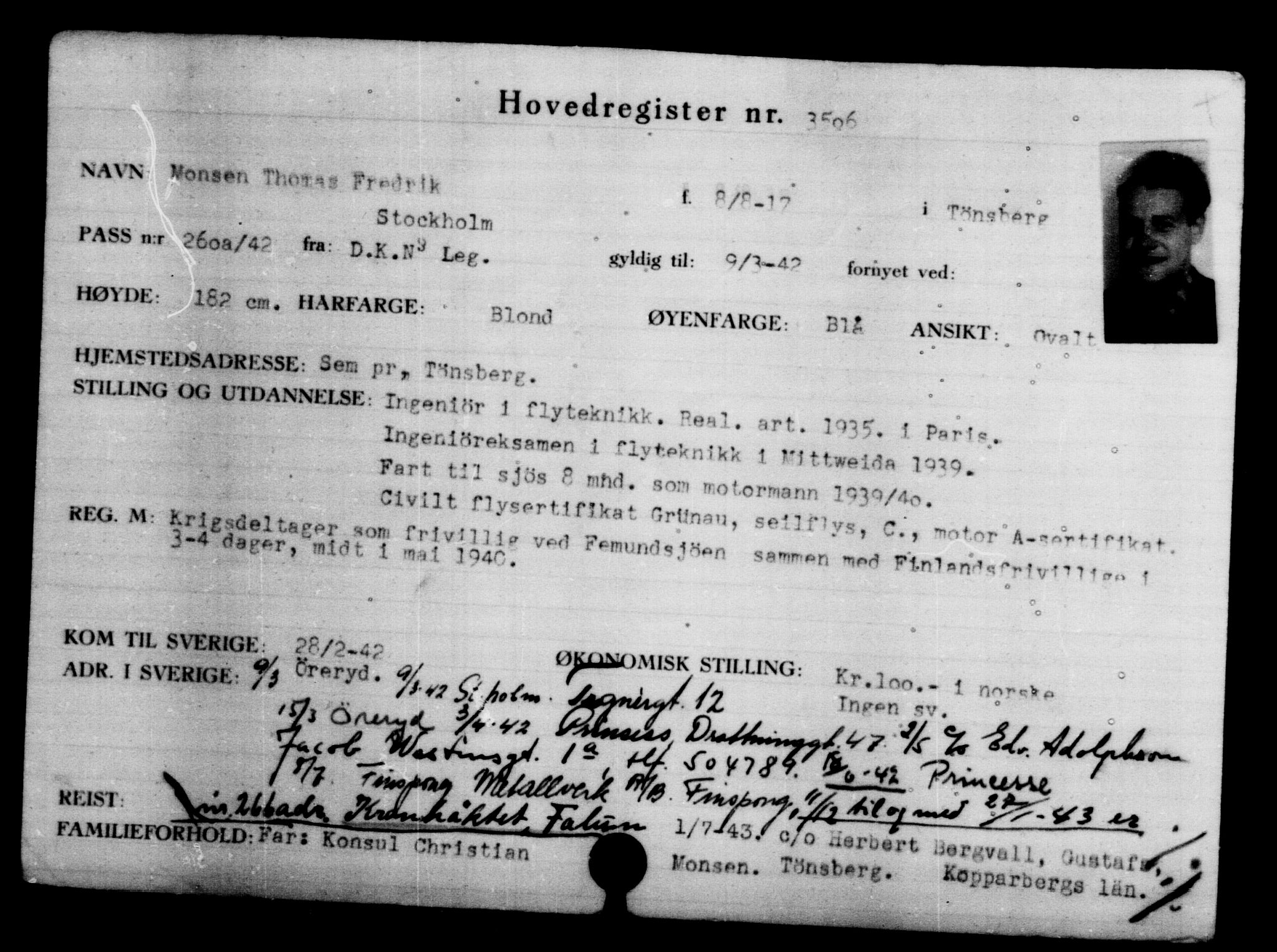 Utenriksstasjonene, Legasjonen i Stockholm, Flyktningkontoret, AV/RA-S-6753/V/Va/L0004: Kjesäterkartoteket, flyktninger med registreringsnr. 3496-6610, 1940-1945, s. 12