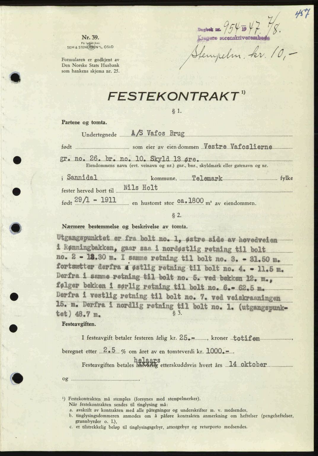 Kragerø sorenskriveri, SAKO/A-65/G/Ga/Gab/L0061: Pantebok nr. A-61, 1947-1947, Dagboknr: 954/1947