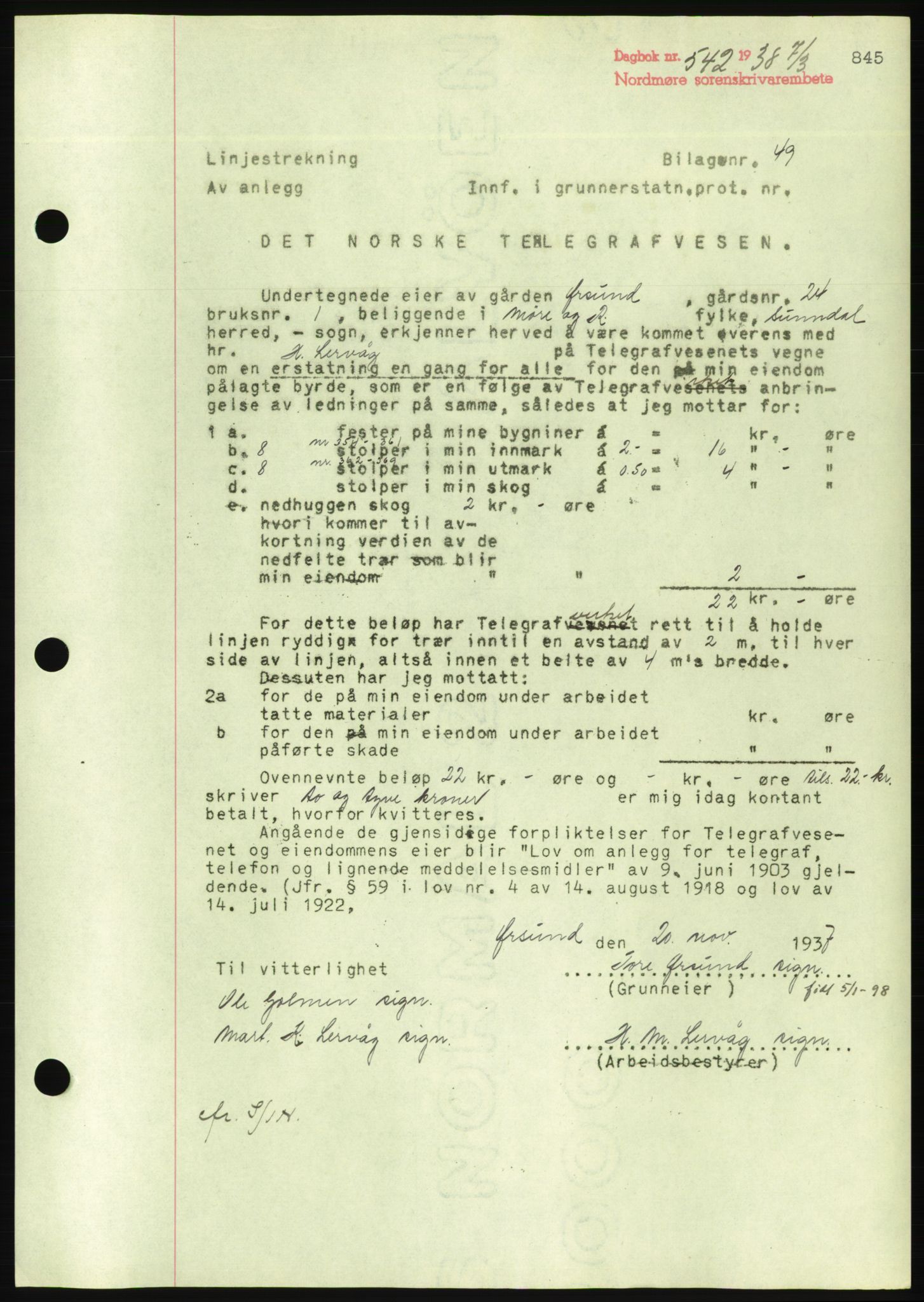 Nordmøre sorenskriveri, AV/SAT-A-4132/1/2/2Ca/L0092: Pantebok nr. B82, 1937-1938, Dagboknr: 542/1938