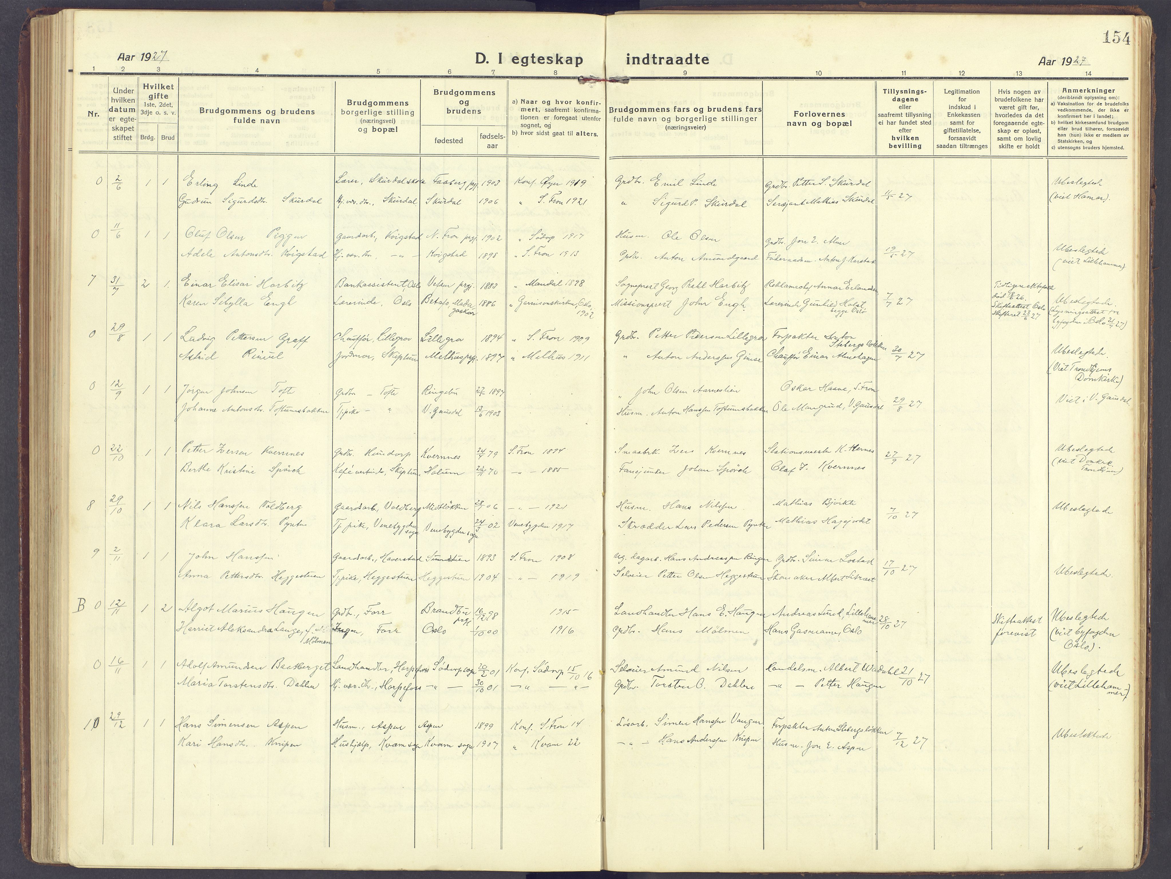 Sør-Fron prestekontor, AV/SAH-PREST-010/H/Ha/Haa/L0005: Ministerialbok nr. 5, 1920-1933, s. 154