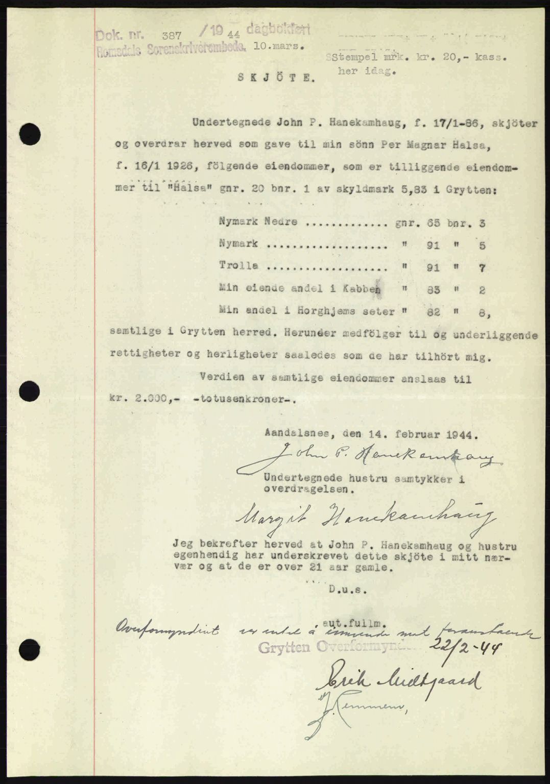 Romsdal sorenskriveri, SAT/A-4149/1/2/2C: Pantebok nr. A16, 1944-1944, Dagboknr: 387/1944