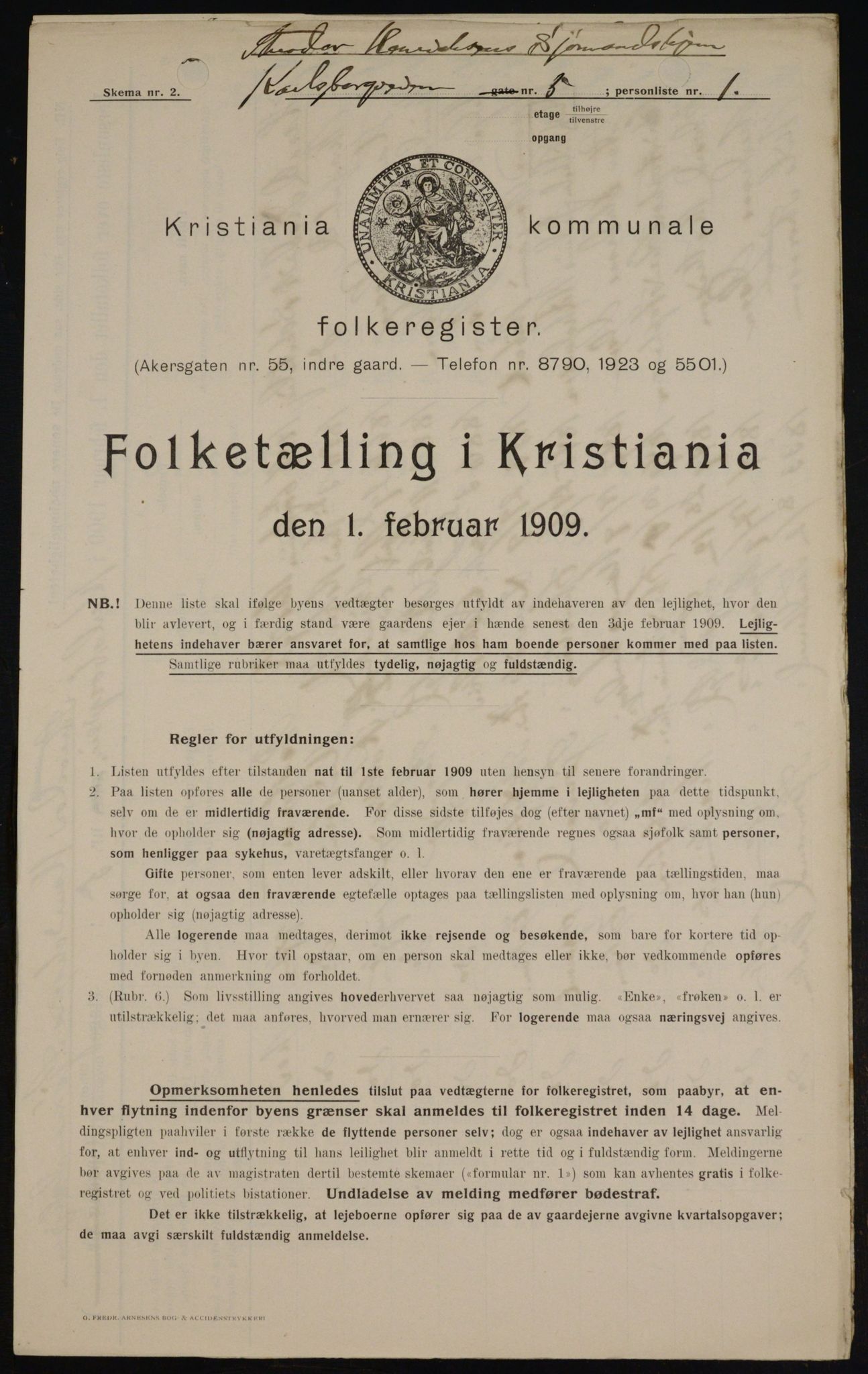 OBA, Kommunal folketelling 1.2.1909 for Kristiania kjøpstad, 1909, s. 44653