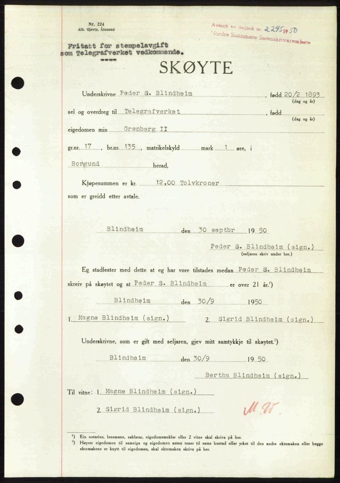 Nordre Sunnmøre sorenskriveri, SAT/A-0006/1/2/2C/2Ca: Pantebok nr. A36, 1950-1950, Dagboknr: 2295/1950