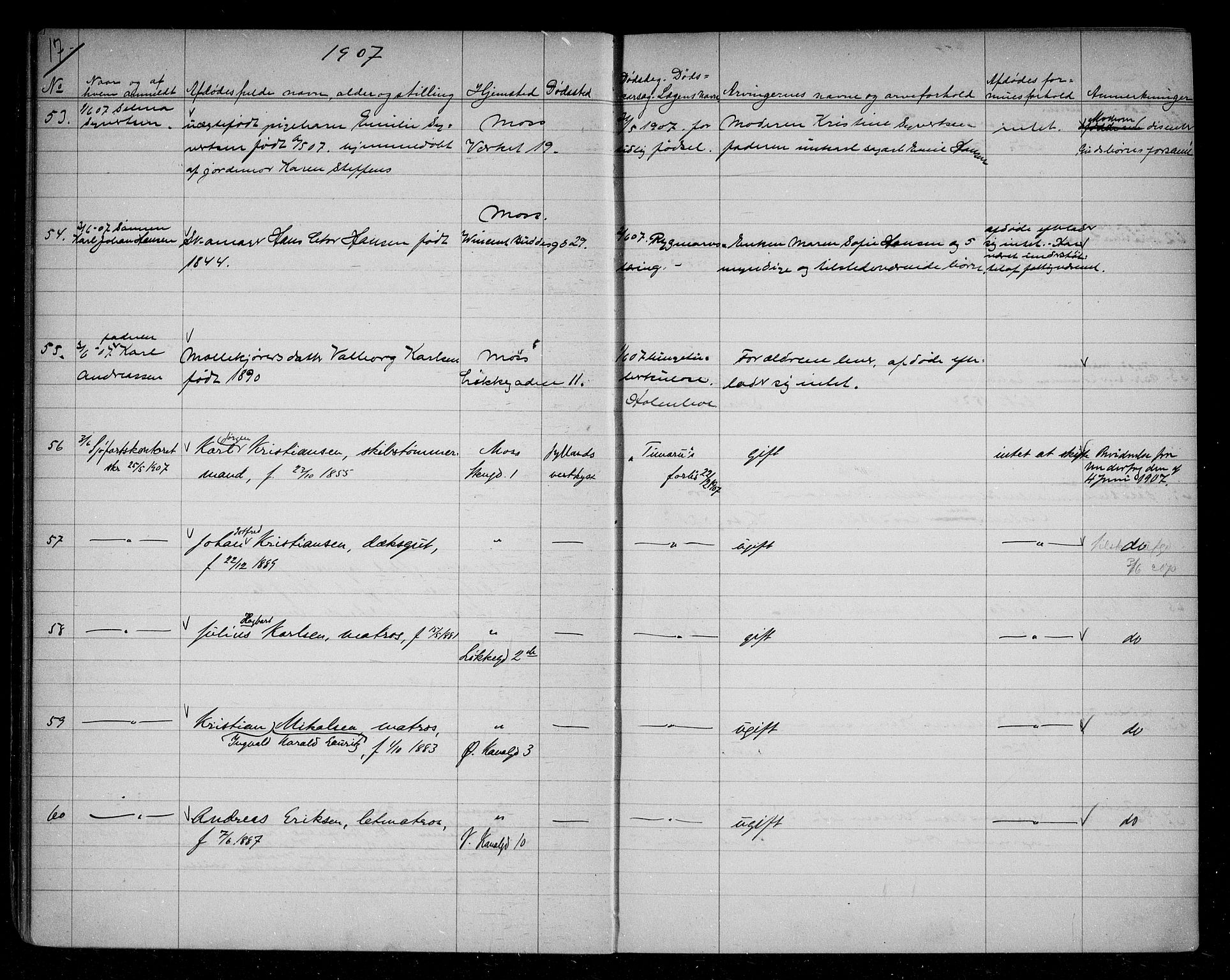 Moss byfogd, AV/SAO-A-10863/H/Ha/Hab/L0004: Dødsanmeldelsesprotokoll, 1906-1914, s. 17