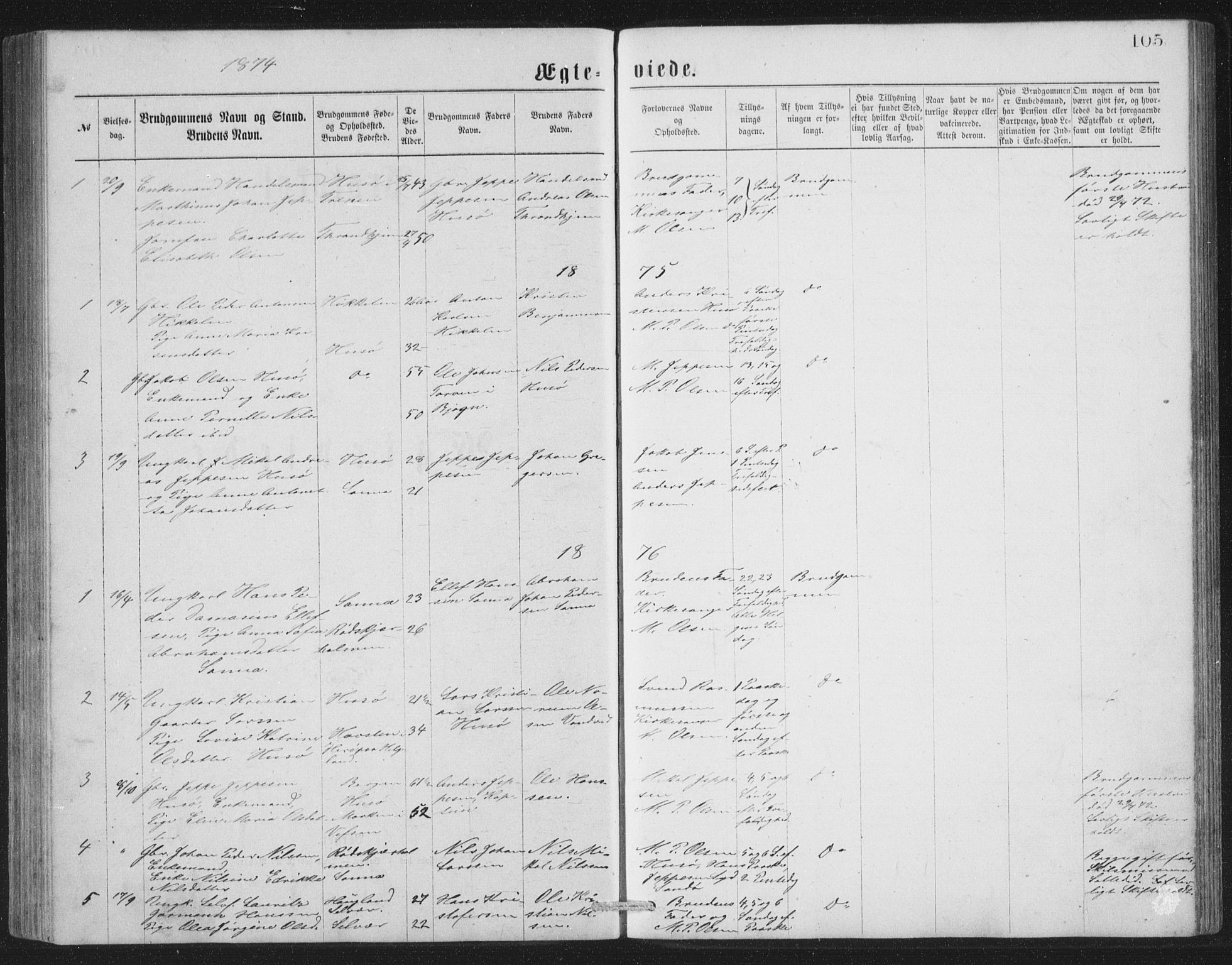 Ministerialprotokoller, klokkerbøker og fødselsregistre - Nordland, SAT/A-1459/840/L0582: Klokkerbok nr. 840C02, 1874-1900, s. 105