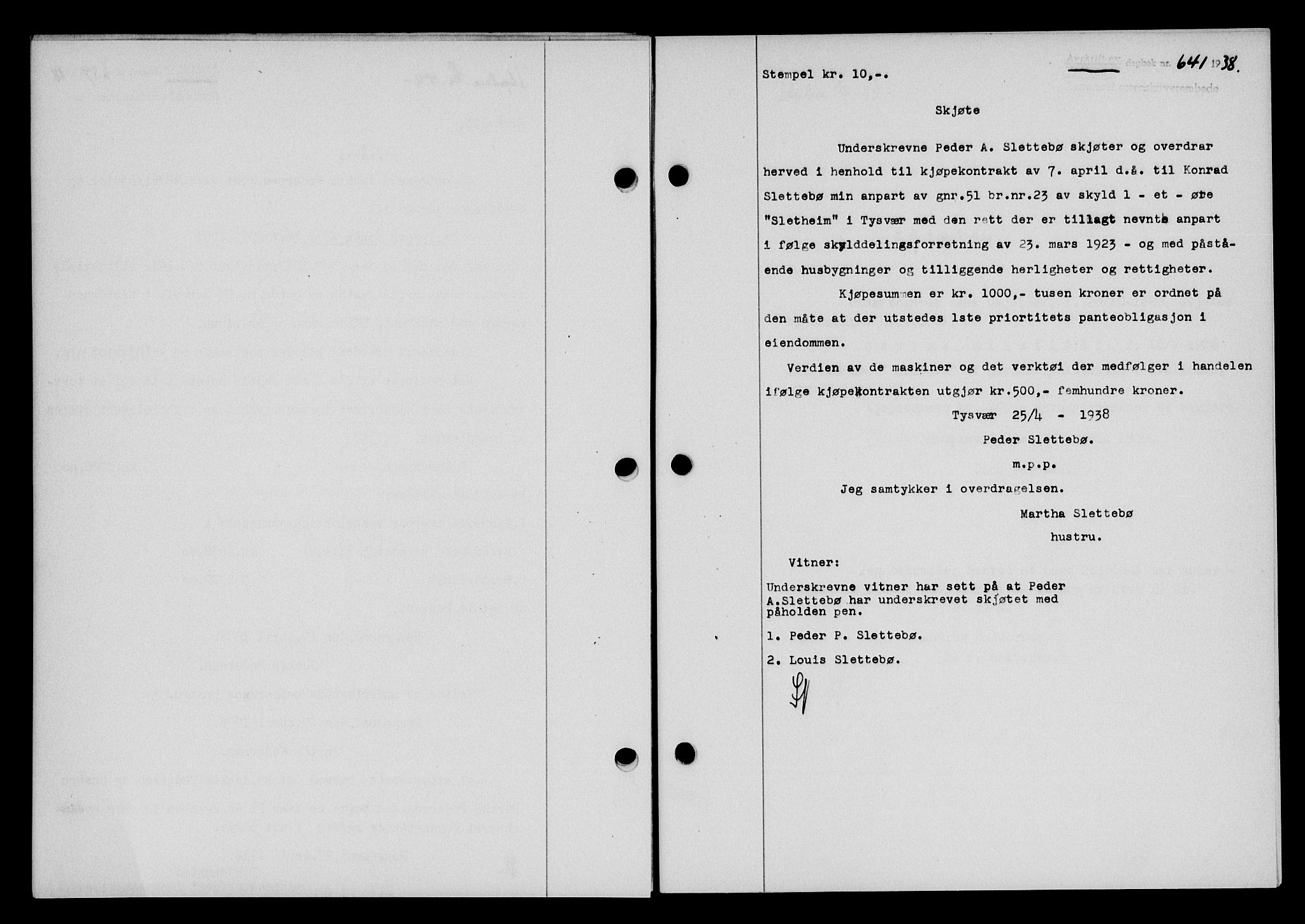 Karmsund sorenskriveri, SAST/A-100311/01/II/IIB/L0069: Pantebok nr. 50A, 1937-1938, Dagboknr: 641/1938