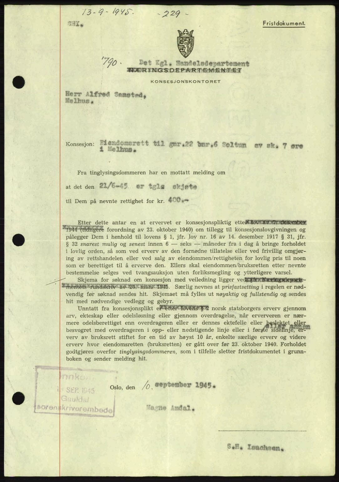 Gauldal sorenskriveri, SAT/A-0014/1/2/2C: Pantebok nr. A1a, 1945-1945, Dagboknr: 790/1945