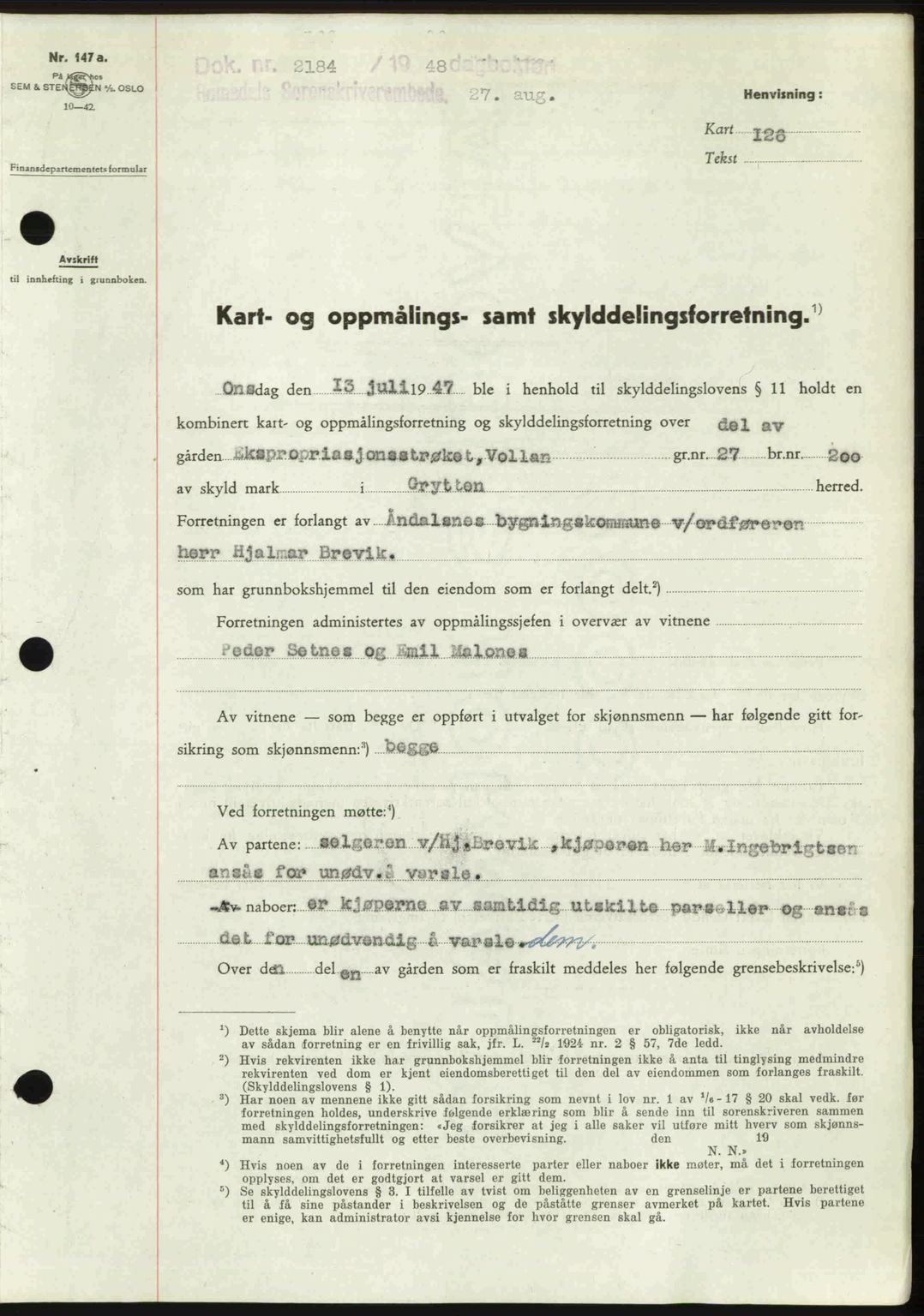 Romsdal sorenskriveri, SAT/A-4149/1/2/2C: Pantebok nr. A27, 1948-1948, Dagboknr: 2184/1948