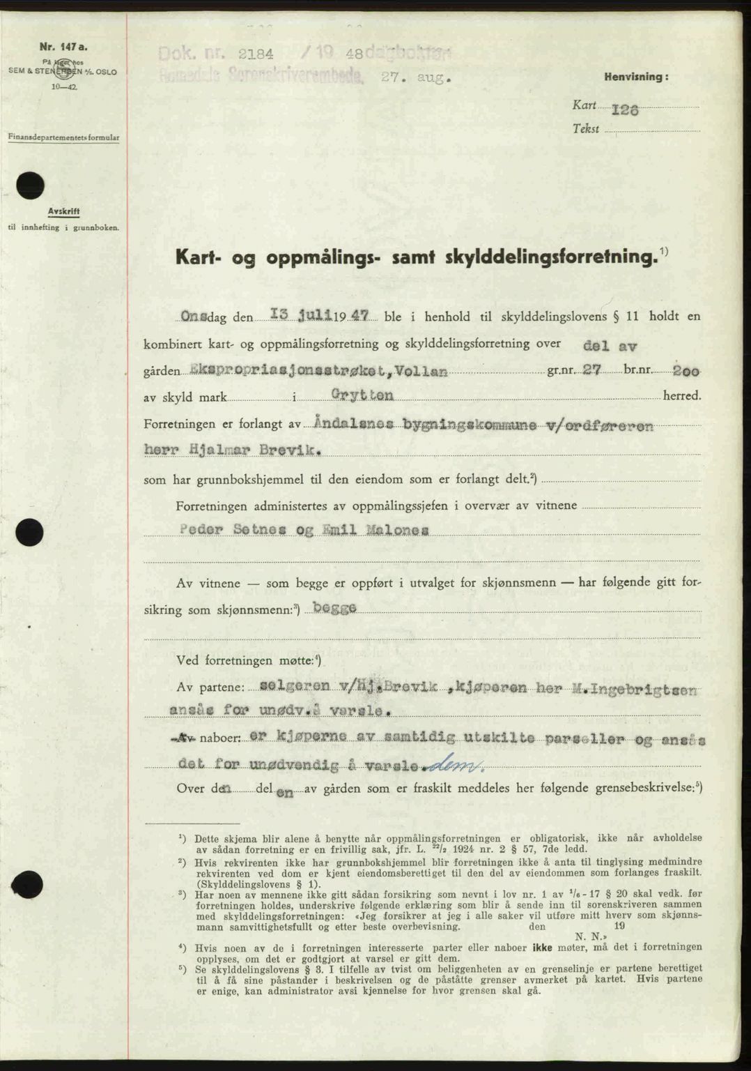 Romsdal sorenskriveri, AV/SAT-A-4149/1/2/2C: Pantebok nr. A27, 1948-1948, Dagboknr: 2184/1948