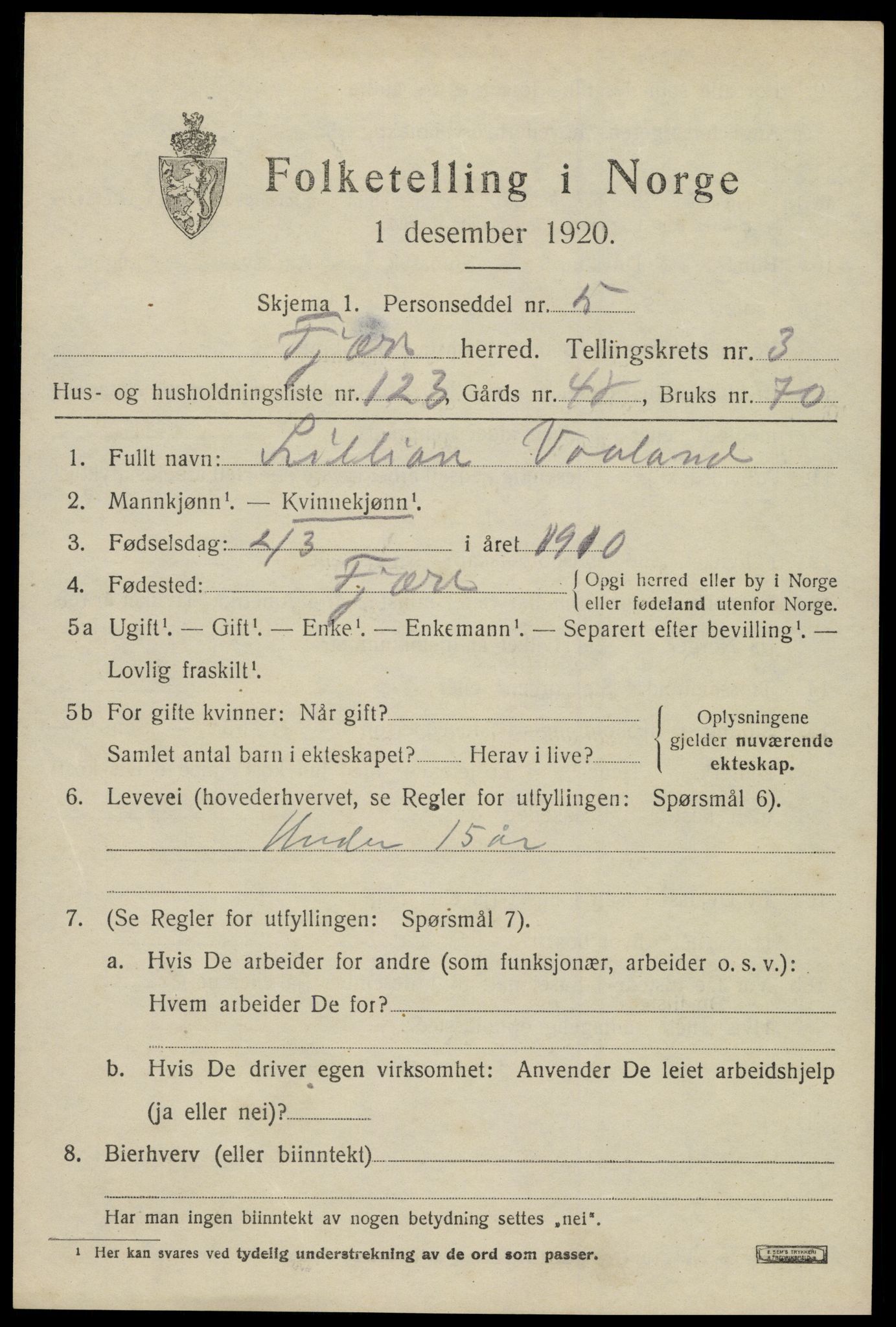 SAK, Folketelling 1920 for 0923 Fjære herred, 1920, s. 6063