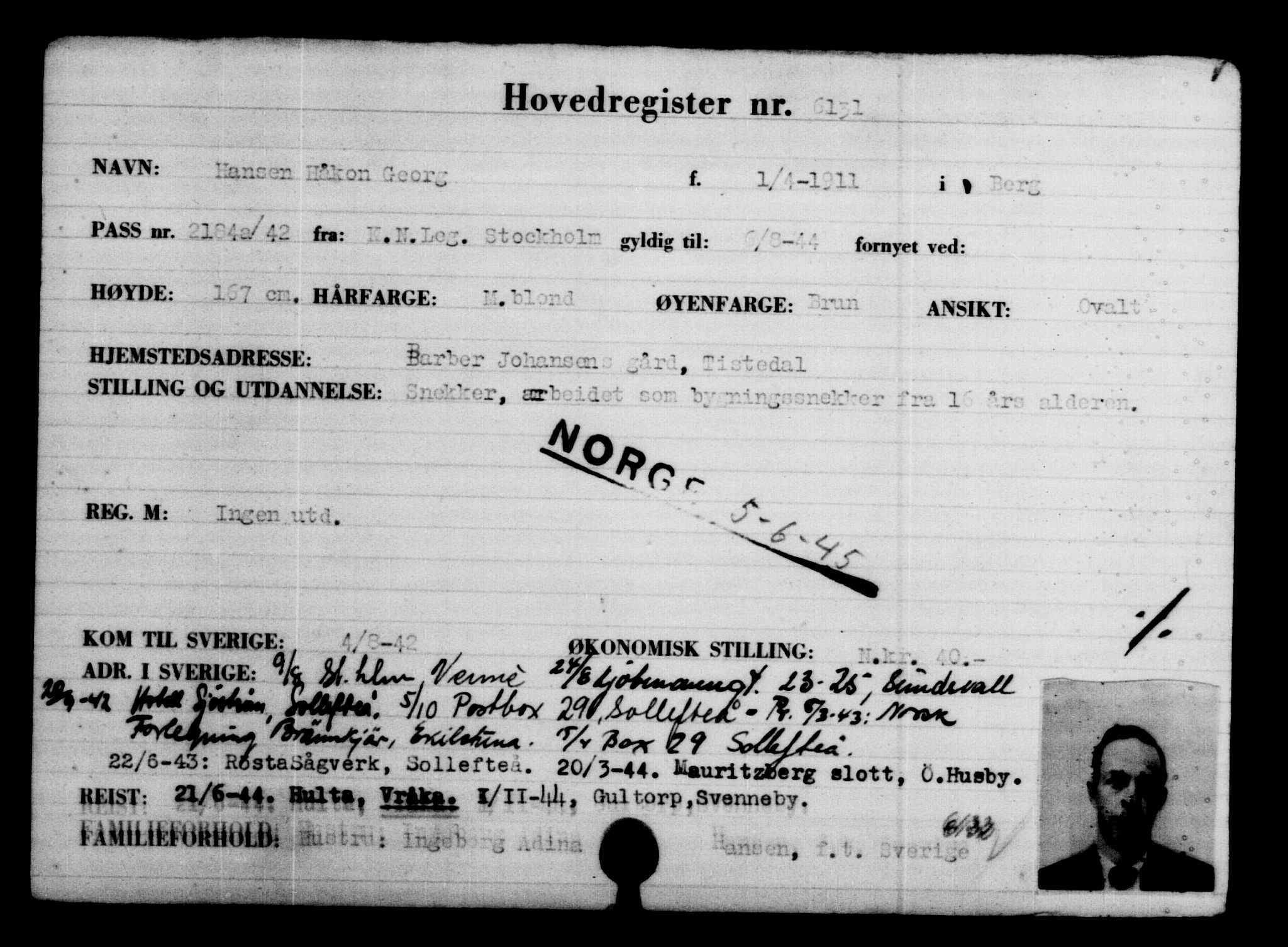 Den Kgl. Norske Legasjons Flyktningskontor, AV/RA-S-6753/V/Va/L0004: Kjesäterkartoteket.  Flyktningenr. 3496-6610, 1940-1945, s. 3090