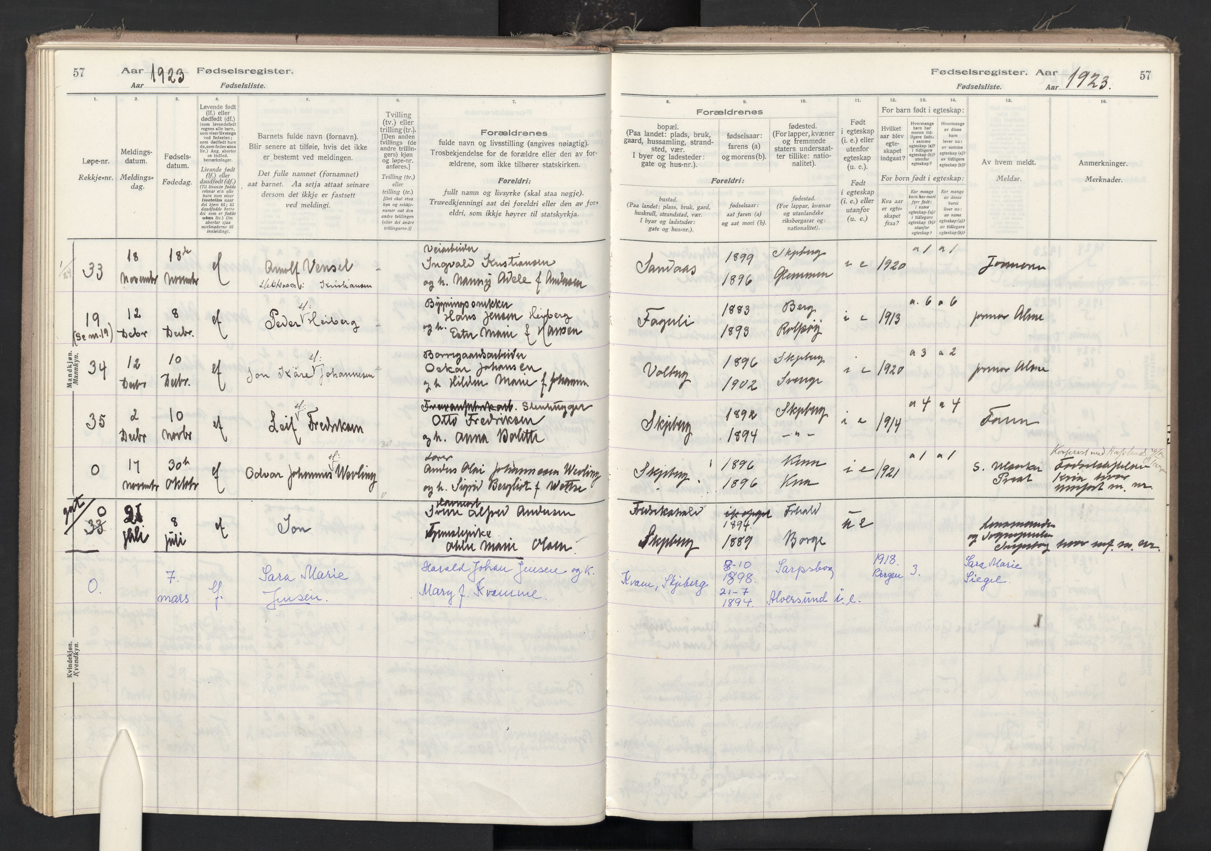 Skjeberg prestekontor Kirkebøker, AV/SAO-A-10923/J/Ja/L0001: Fødselsregister nr. I 1, 1916-1945, s. 57