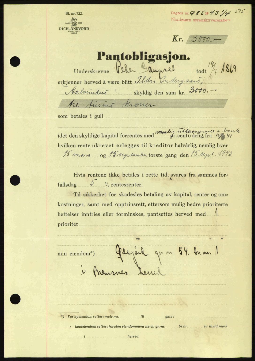Nordmøre sorenskriveri, SAT/A-4132/1/2/2Ca: Pantebok nr. B90, 1942-1943, Dagboknr: 985/1943