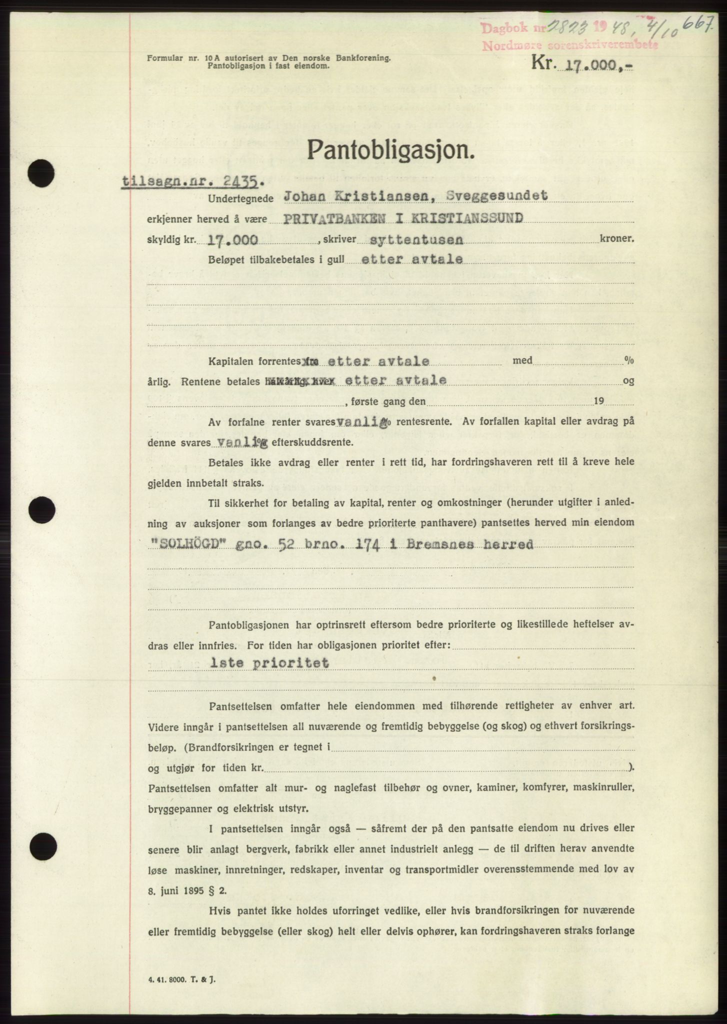 Nordmøre sorenskriveri, SAT/A-4132/1/2/2Ca: Pantebok nr. B99, 1948-1948, Dagboknr: 2823/1948