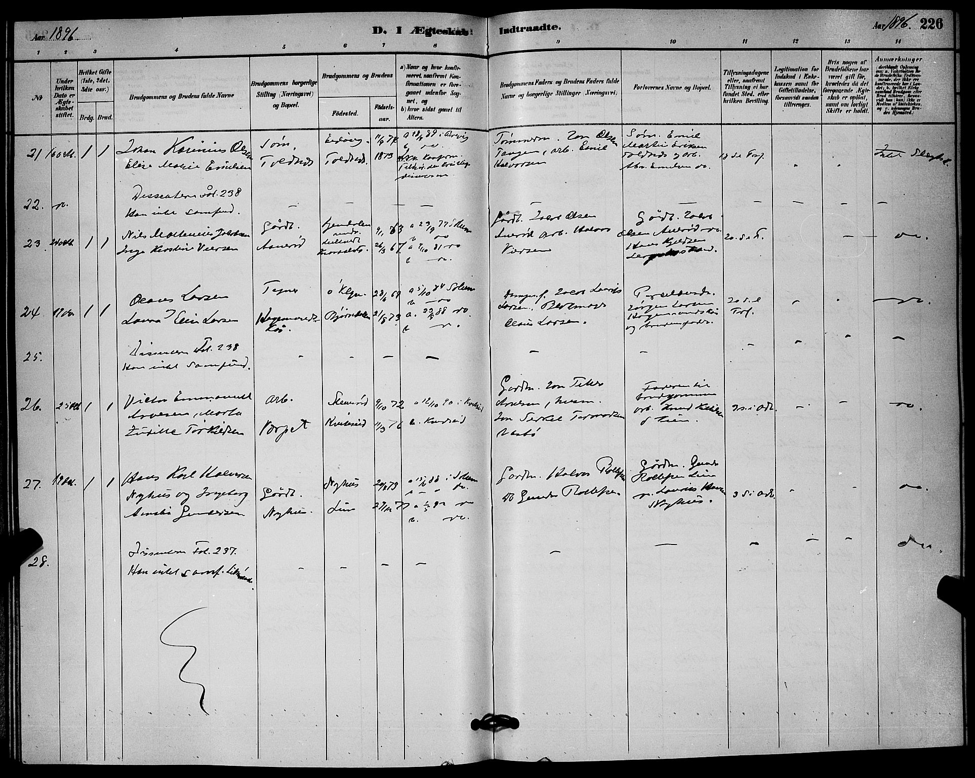 Solum kirkebøker, AV/SAKO-A-306/G/Ga/L0007: Klokkerbok nr. I 7, 1884-1898, s. 226
