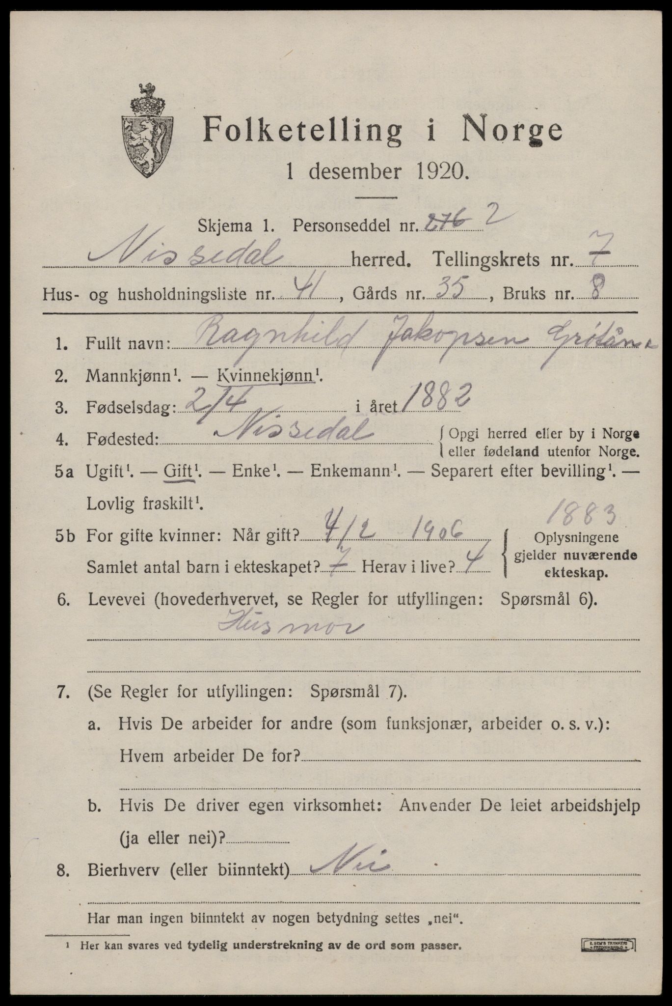 SAKO, Folketelling 1920 for 0830 Nissedal herred, 1920, s. 3023