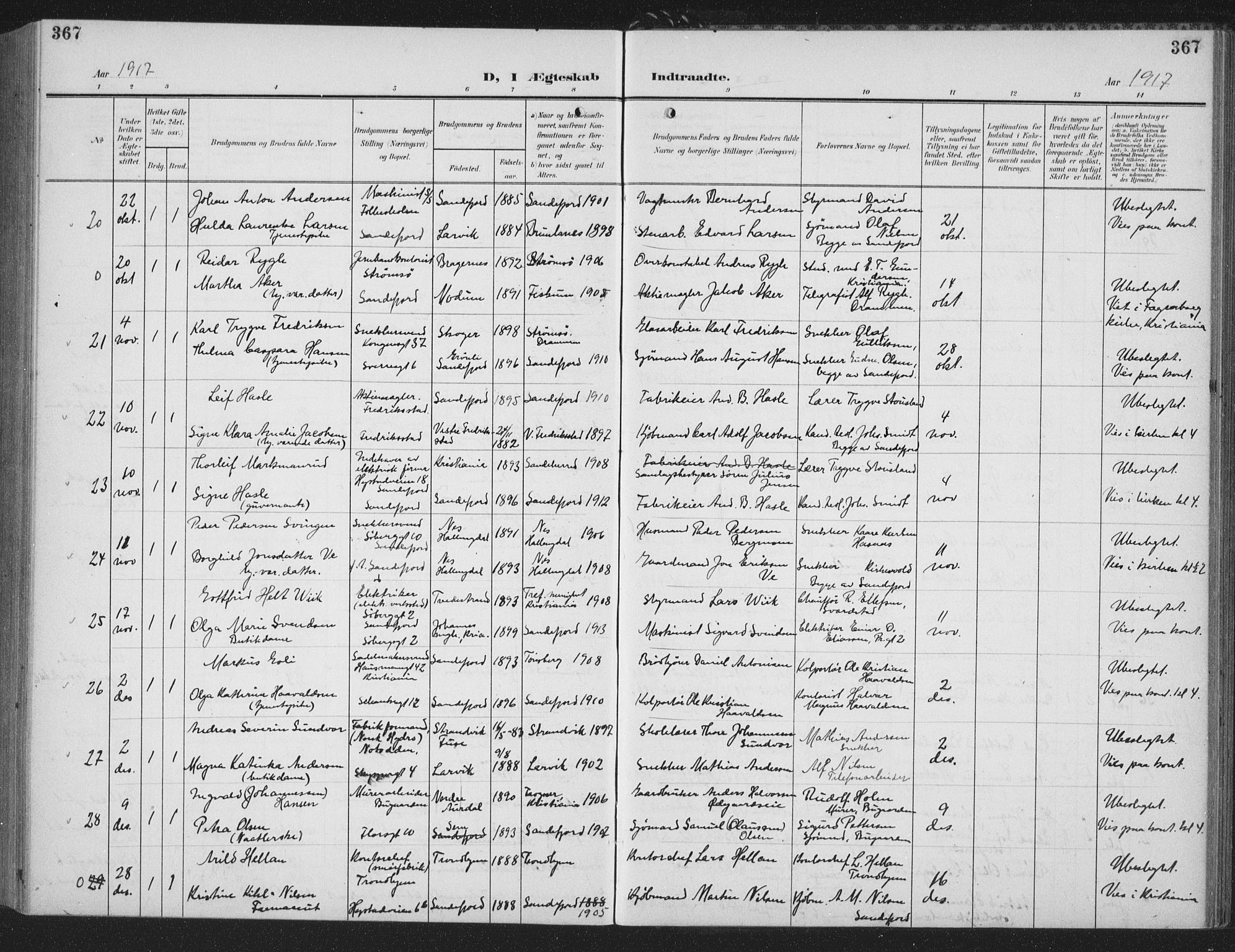 Sandefjord kirkebøker, AV/SAKO-A-315/G/Ga/L0003: Klokkerbok nr. 3, 1903-1920, s. 367