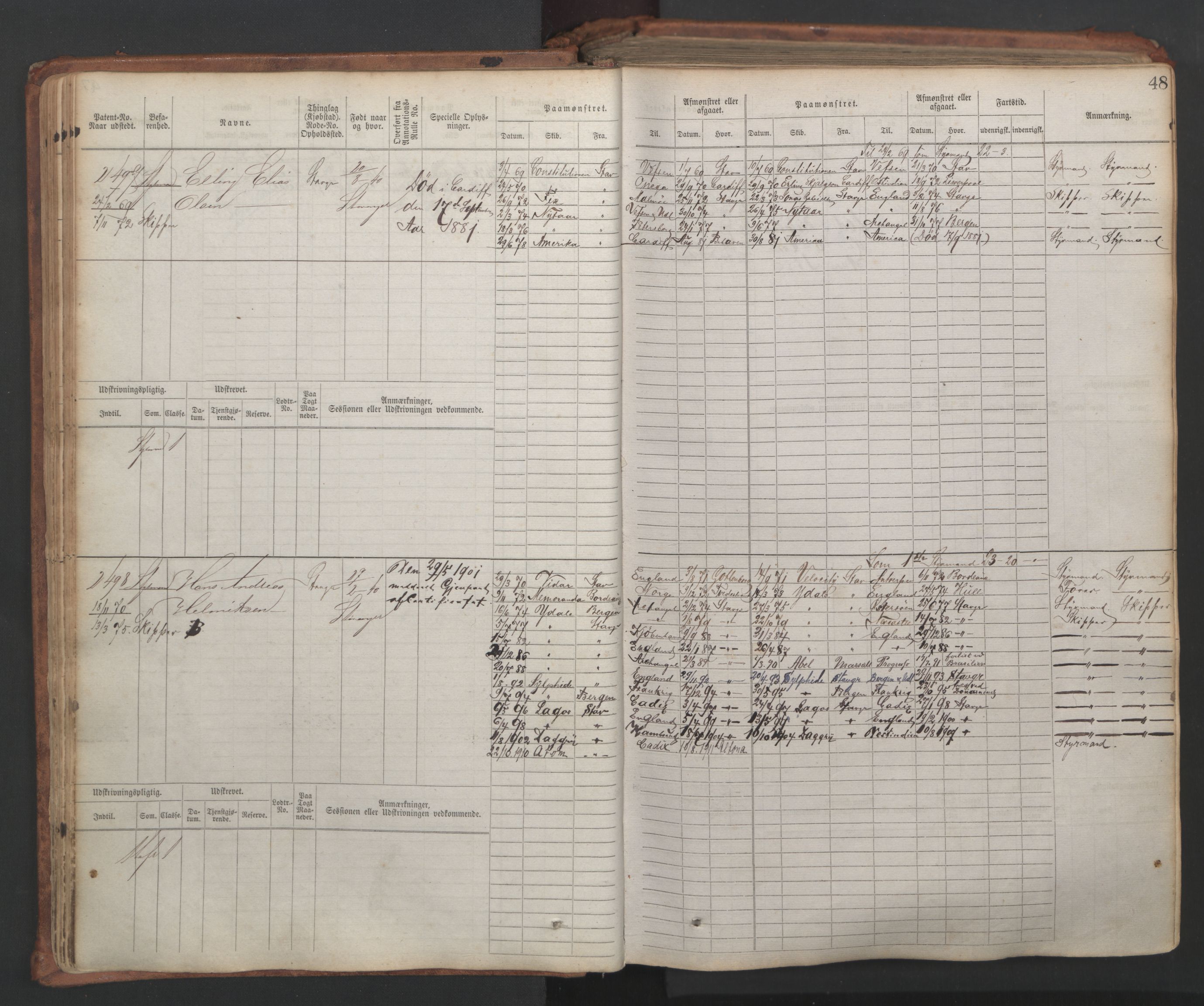 Stavanger sjømannskontor, AV/SAST-A-102006/F/Fb/Fbb/L0007: Sjøfartshovedrulle, patentnr. 2403-3604, 1869-1880, s. 53