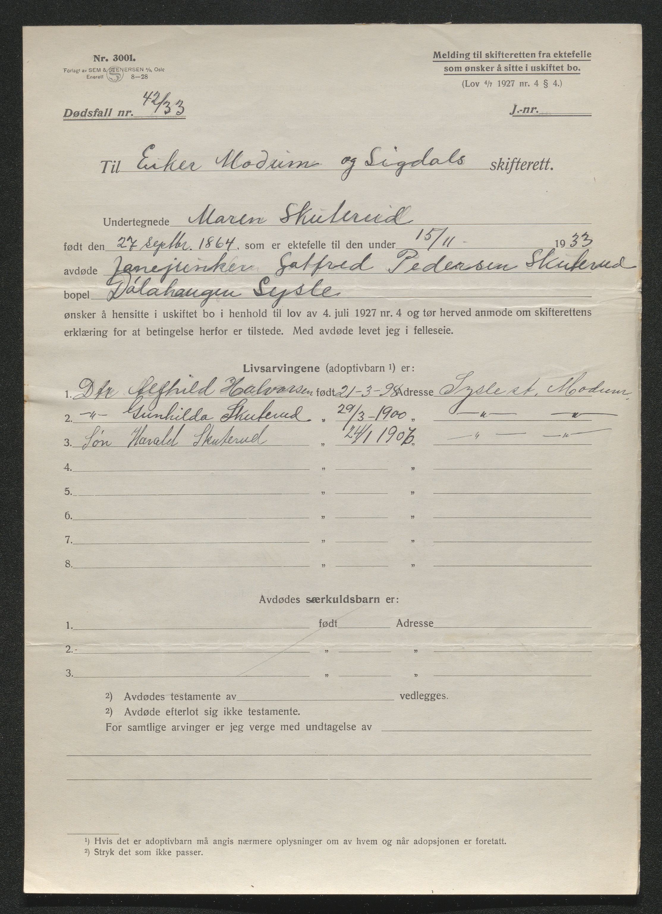 Eiker, Modum og Sigdal sorenskriveri, SAKO/A-123/H/Ha/Hab/L0048: Dødsfallsmeldinger, 1933, s. 870