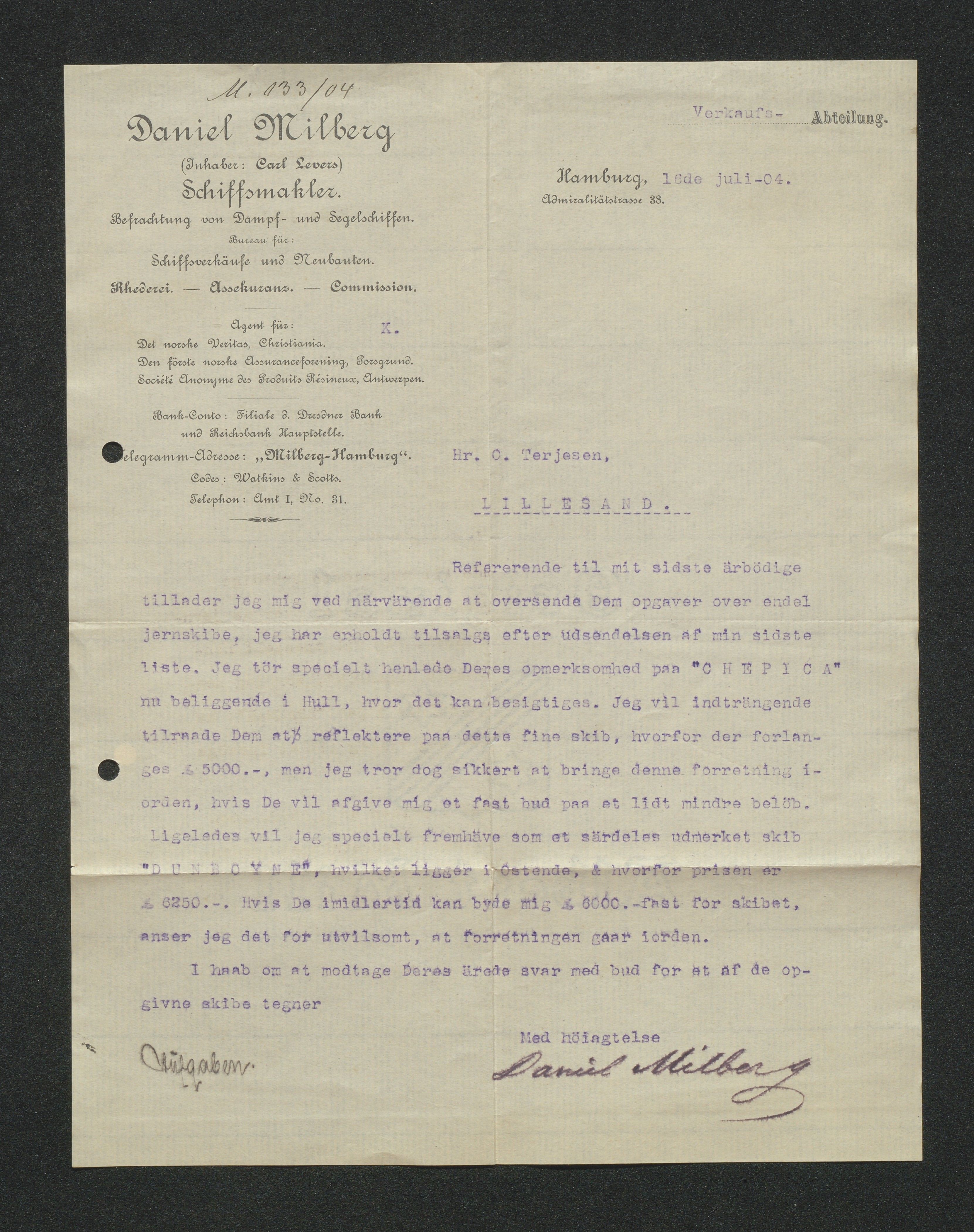 O. Terjesens rederi, AAKS/PA-2525/E/E01/L0013: Korrespondanse, 1904-1905