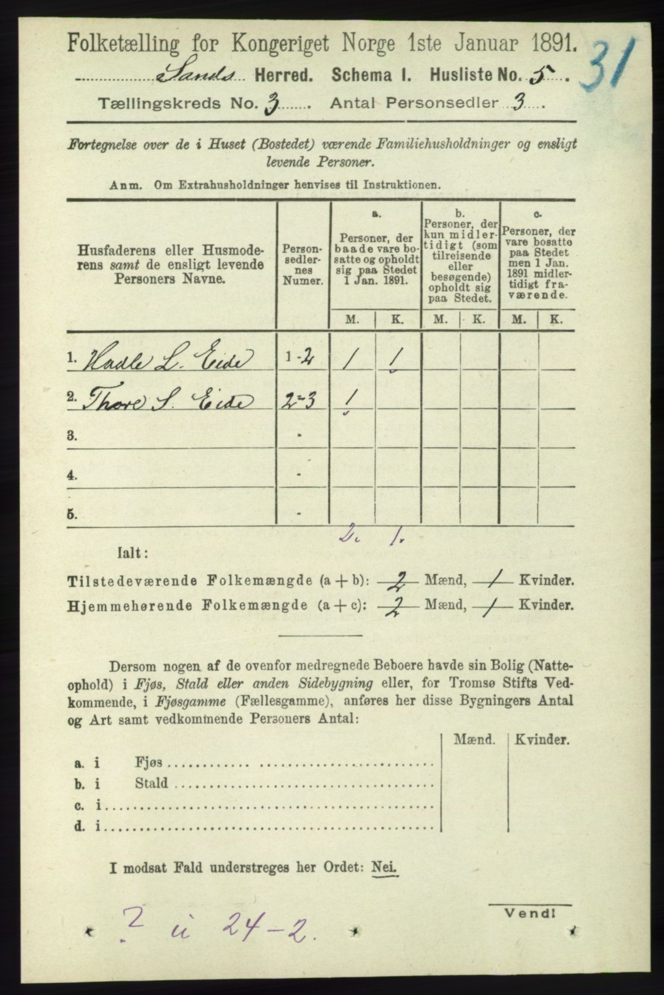 RA, Folketelling 1891 for 1136 Sand herred, 1891, s. 582