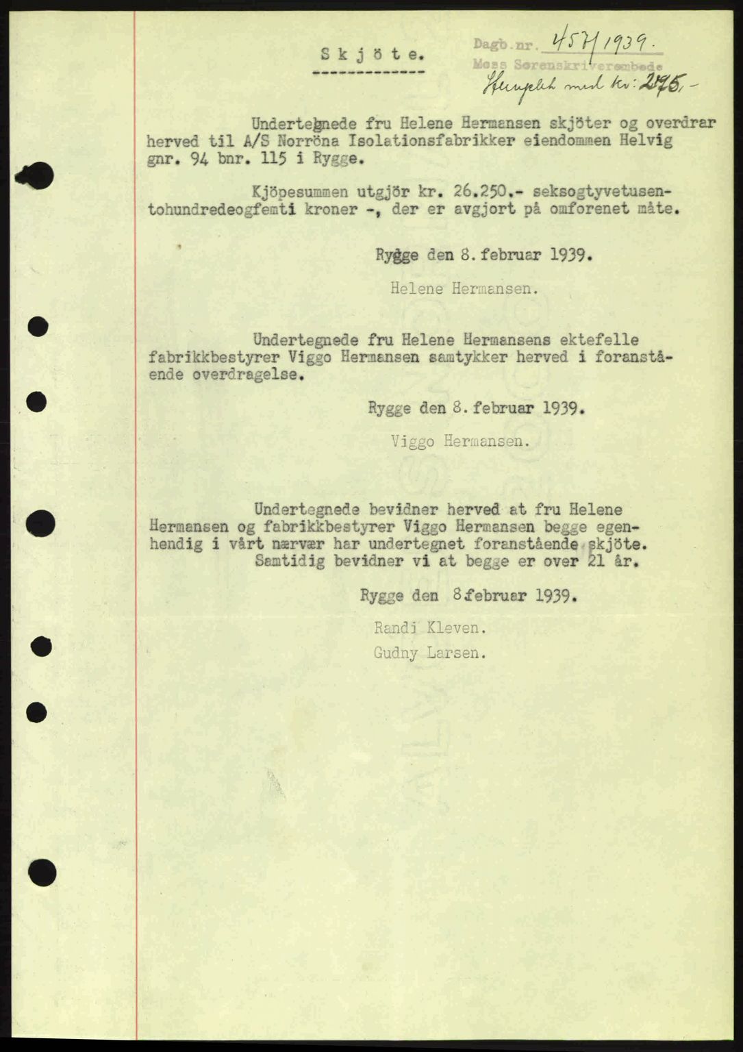 Moss sorenskriveri, AV/SAO-A-10168: Pantebok nr. A5, 1938-1939, Dagboknr: 457/1939