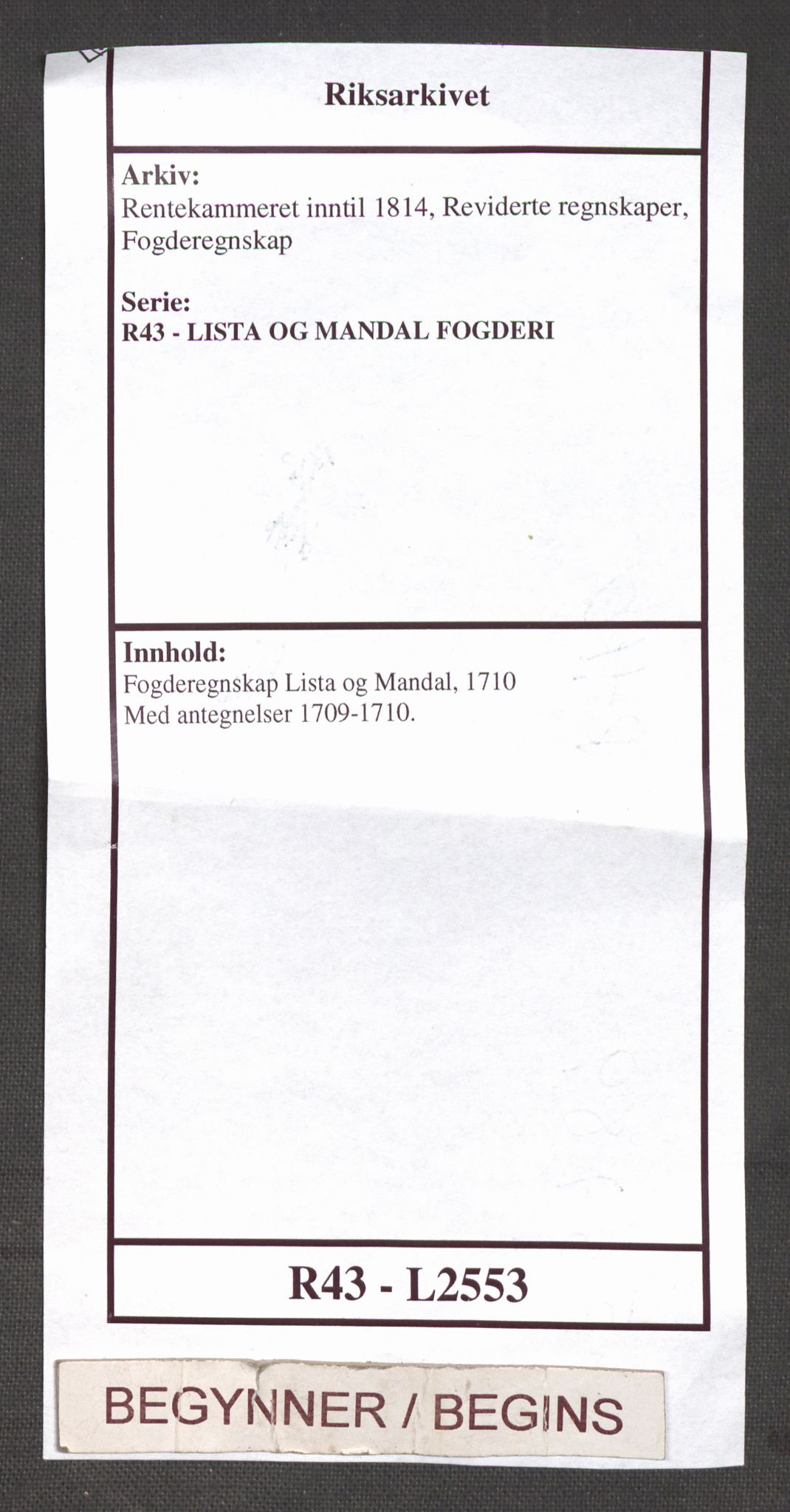 Rentekammeret inntil 1814, Reviderte regnskaper, Fogderegnskap, AV/RA-EA-4092/R43/L2553: Fogderegnskap Lista og Mandal, 1710, s. 1