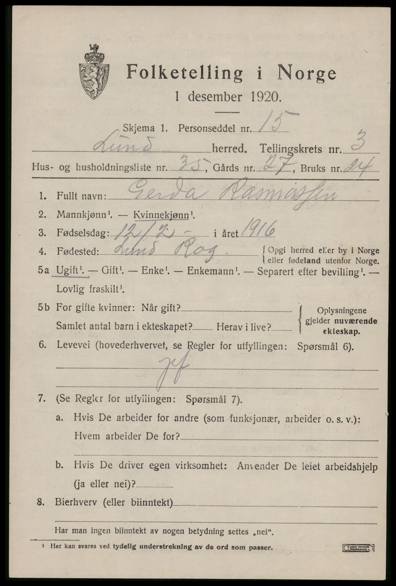 SAST, Folketelling 1920 for 1112 Lund herred, 1920, s. 1706