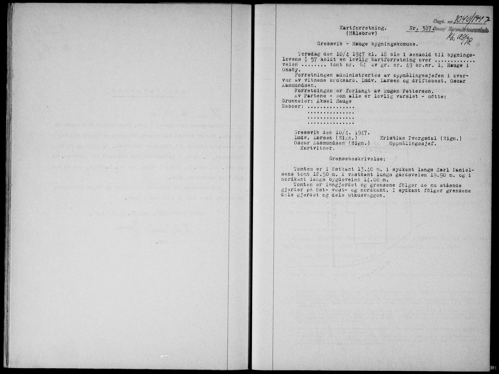 Onsøy sorenskriveri, SAO/A-10474/G/Ga/Gab/L0019b: Pantebok nr. II A-19 B, 1947-1947, Dagboknr: 1040/1947