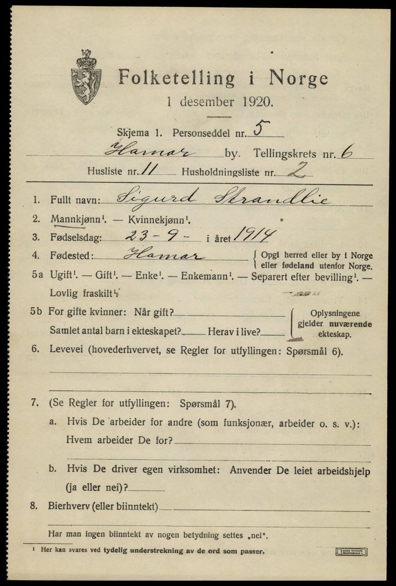 SAH, Folketelling 1920 for 0401 Hamar kjøpstad, 1920, s. 11287