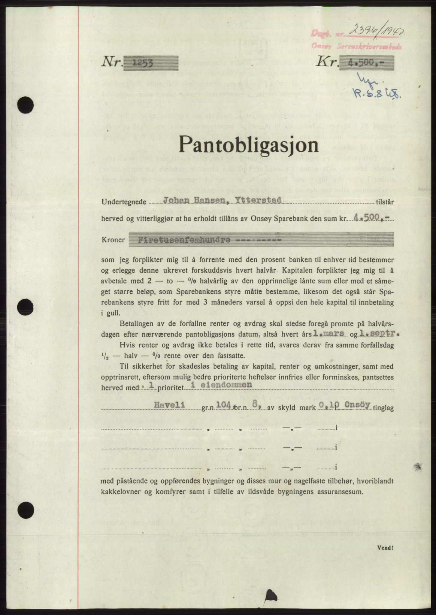 Onsøy sorenskriveri, SAO/A-10474/G/Ga/Gac/L0006: Pantebok nr. B 12-6, 1947-1948, Dagboknr: 2396/1947