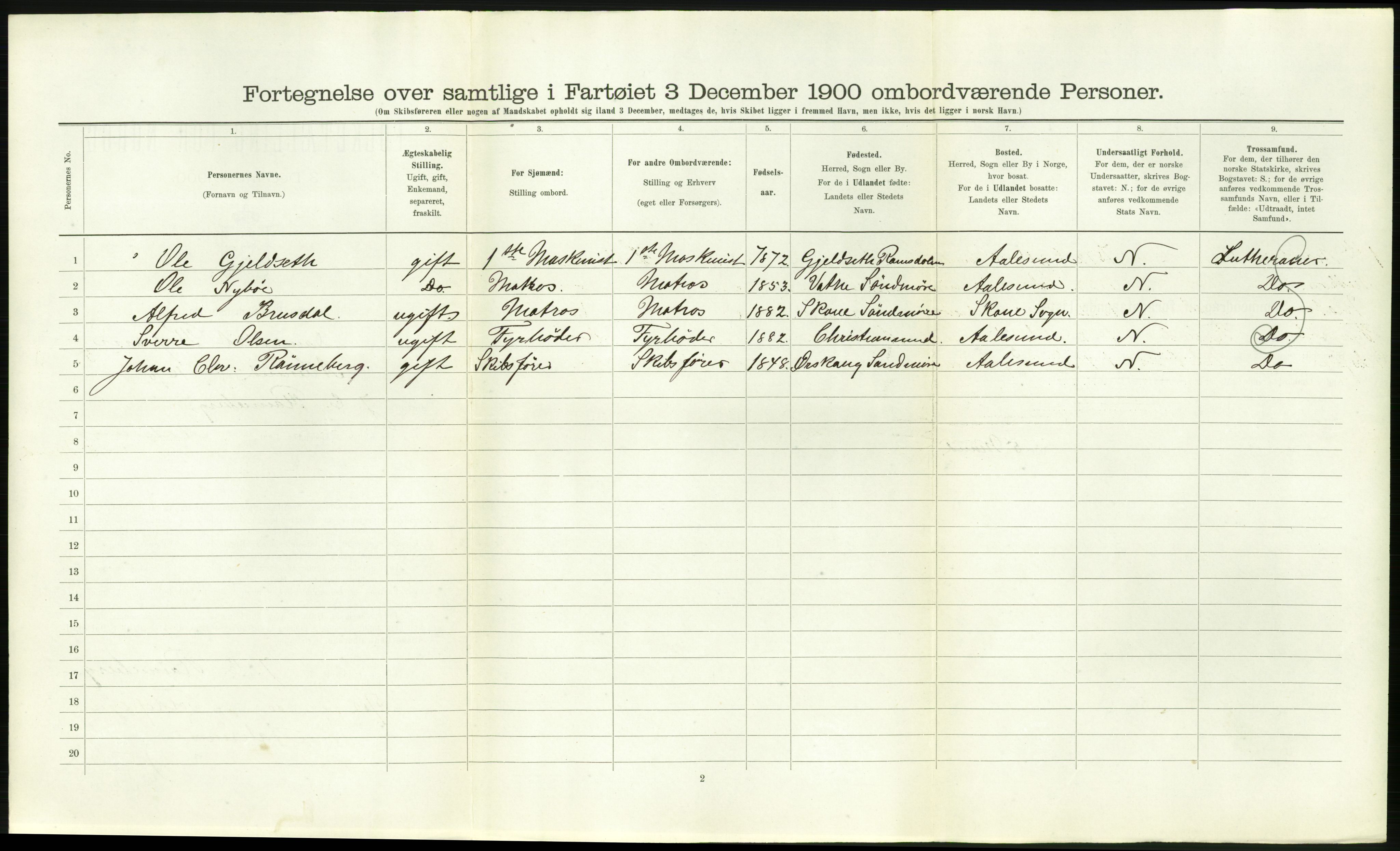 RA, Folketelling 1900 - skipslister med personlister for skip i norske havner, utenlandske havner og til havs, 1900, s. 1598