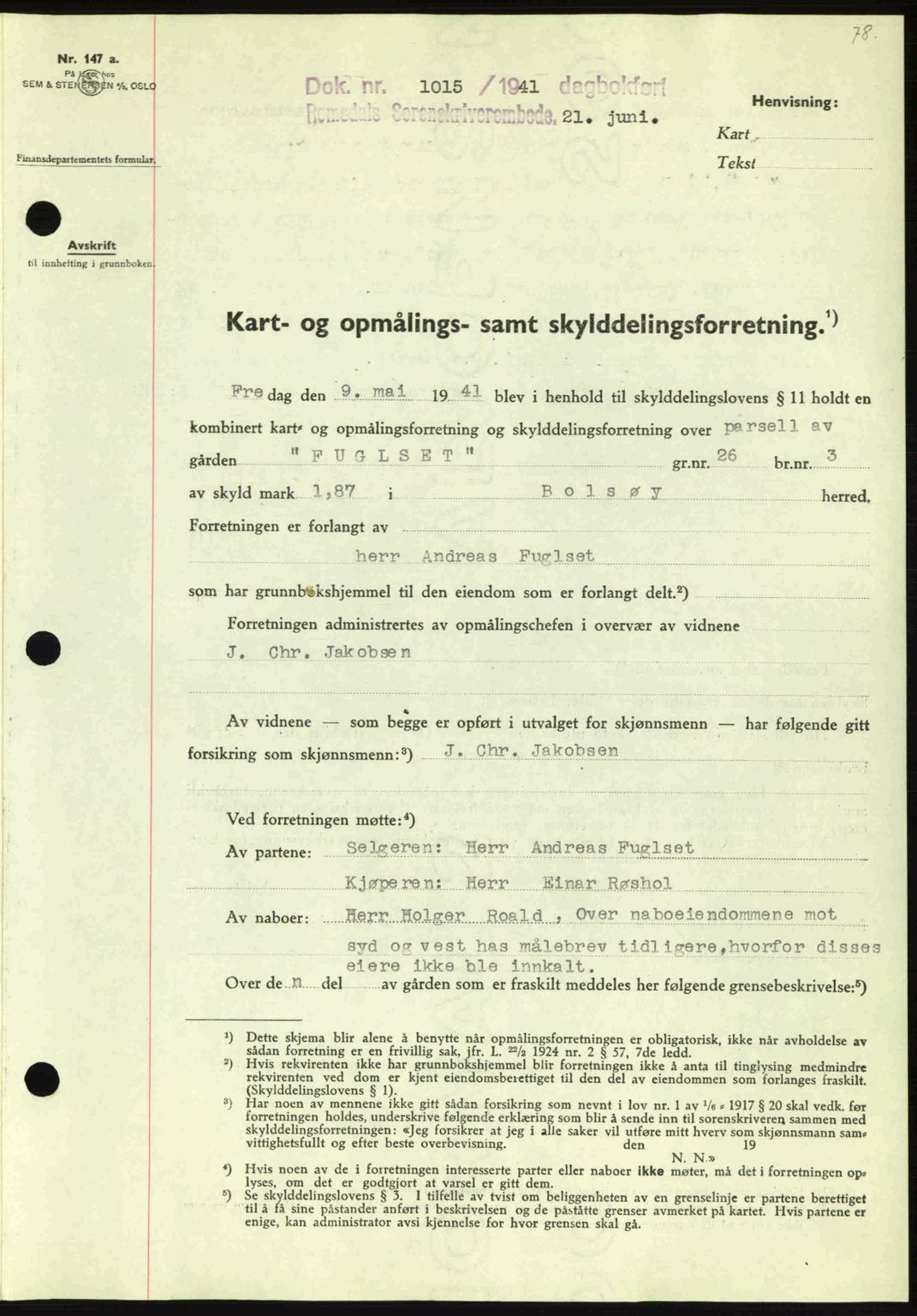 Romsdal sorenskriveri, AV/SAT-A-4149/1/2/2C: Pantebok nr. A10, 1941-1941, Dagboknr: 1015/1941