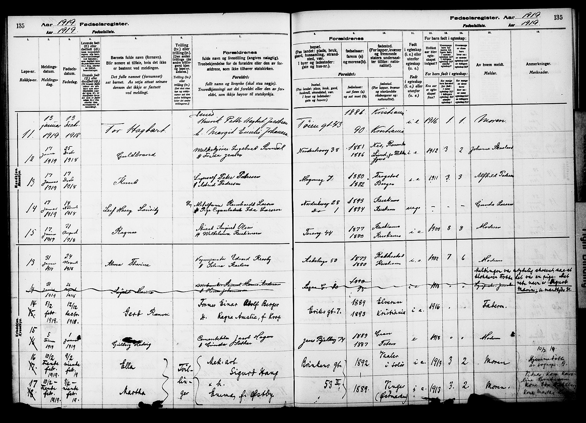 Kampen prestekontor Kirkebøker, AV/SAO-A-10853/J/Ja/L0001: Fødselsregister nr. 1, 1916-1920, s. 135