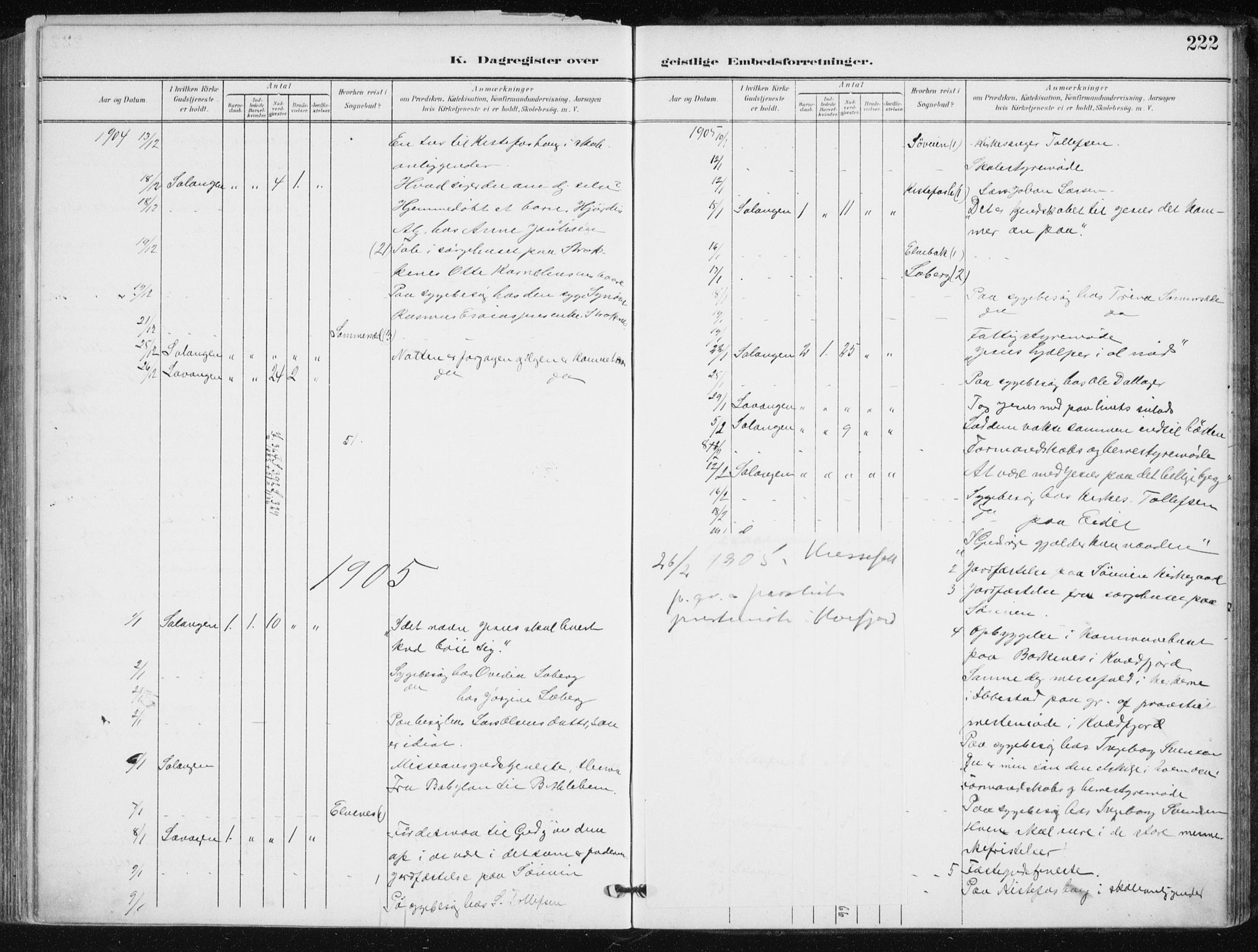 Salangen sokneprestembete, AV/SATØ-S-1324/H/Ha/L0002kirke: Ministerialbok nr. 2, 1902-1911, s. 222