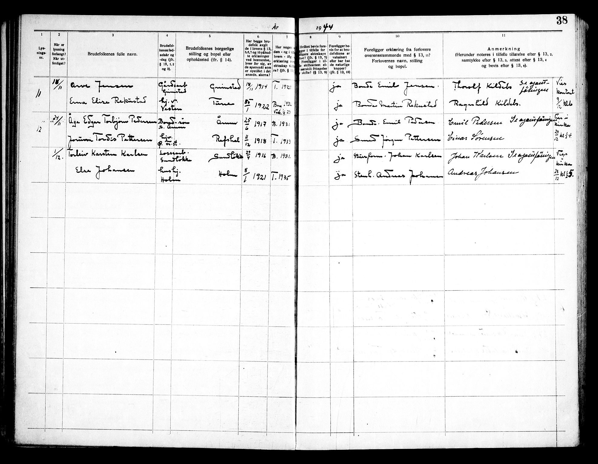 Borge prestekontor Kirkebøker, AV/SAO-A-10903/H/Ha/L0002: Lysningsprotokoll nr. I 2, 1937-1956, s. 38