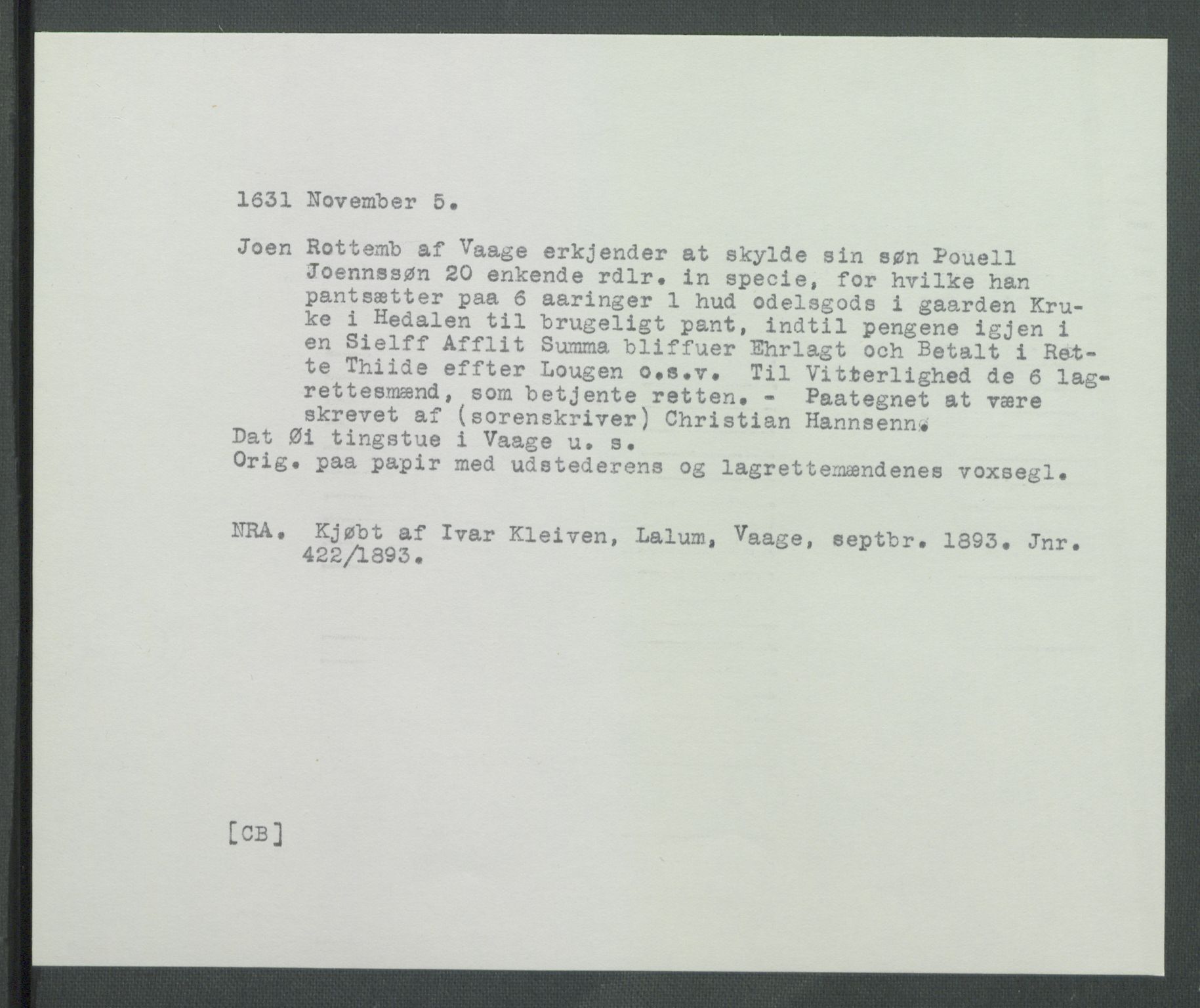 Riksarkivets diplomsamling, AV/RA-EA-5965/F02/L0141: Dokumenter, 1631, s. 13